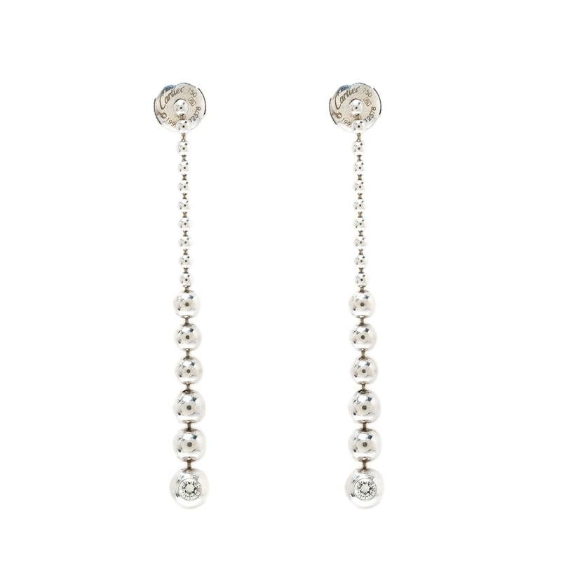 Cartier Diamond & 18k White Gold Graduating Ball Bead Drop Long Earrings 1