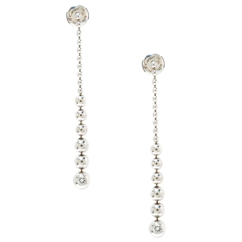 Cartier Diamond & 18k White Gold Graduating Ball Bead Drop Long Earrings