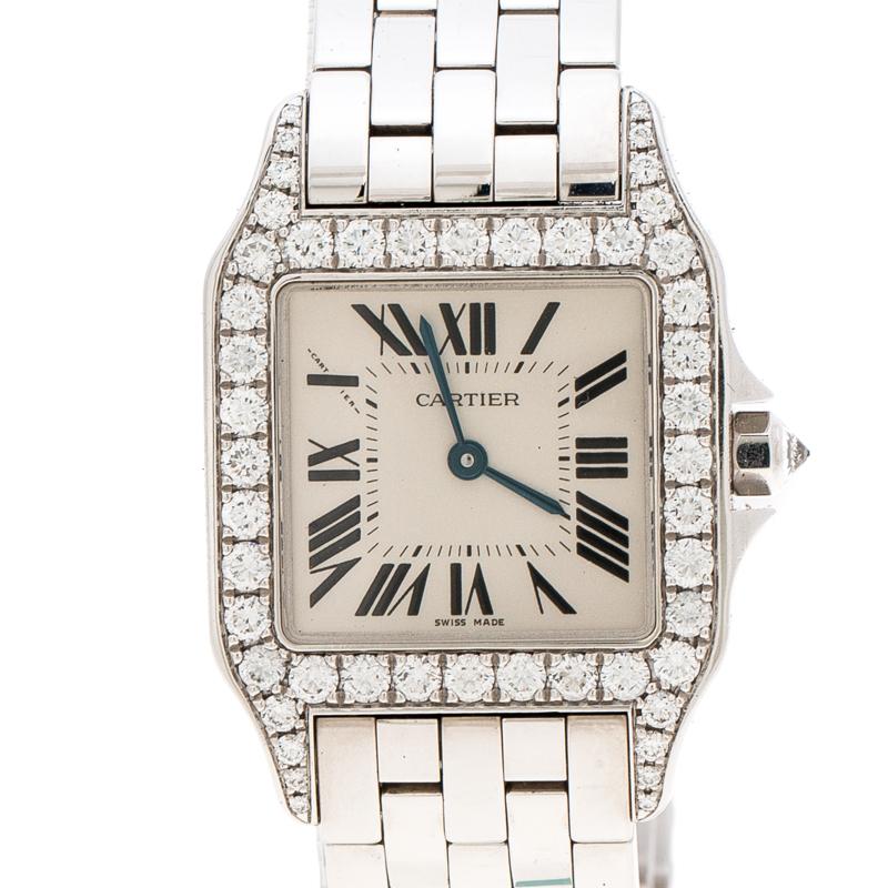 Contemporary Cartier Diamond 18k White Gold Santos Demoiselle 2703 Women's Wristwatch 28MM