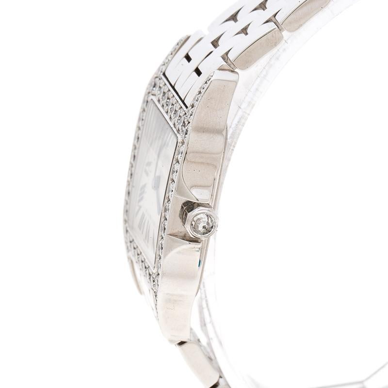 Cartier Diamond 18k White Gold Santos Demoiselle 2703 Women's Wristwatch 28MM In Good Condition In Dubai, Al Qouz 2