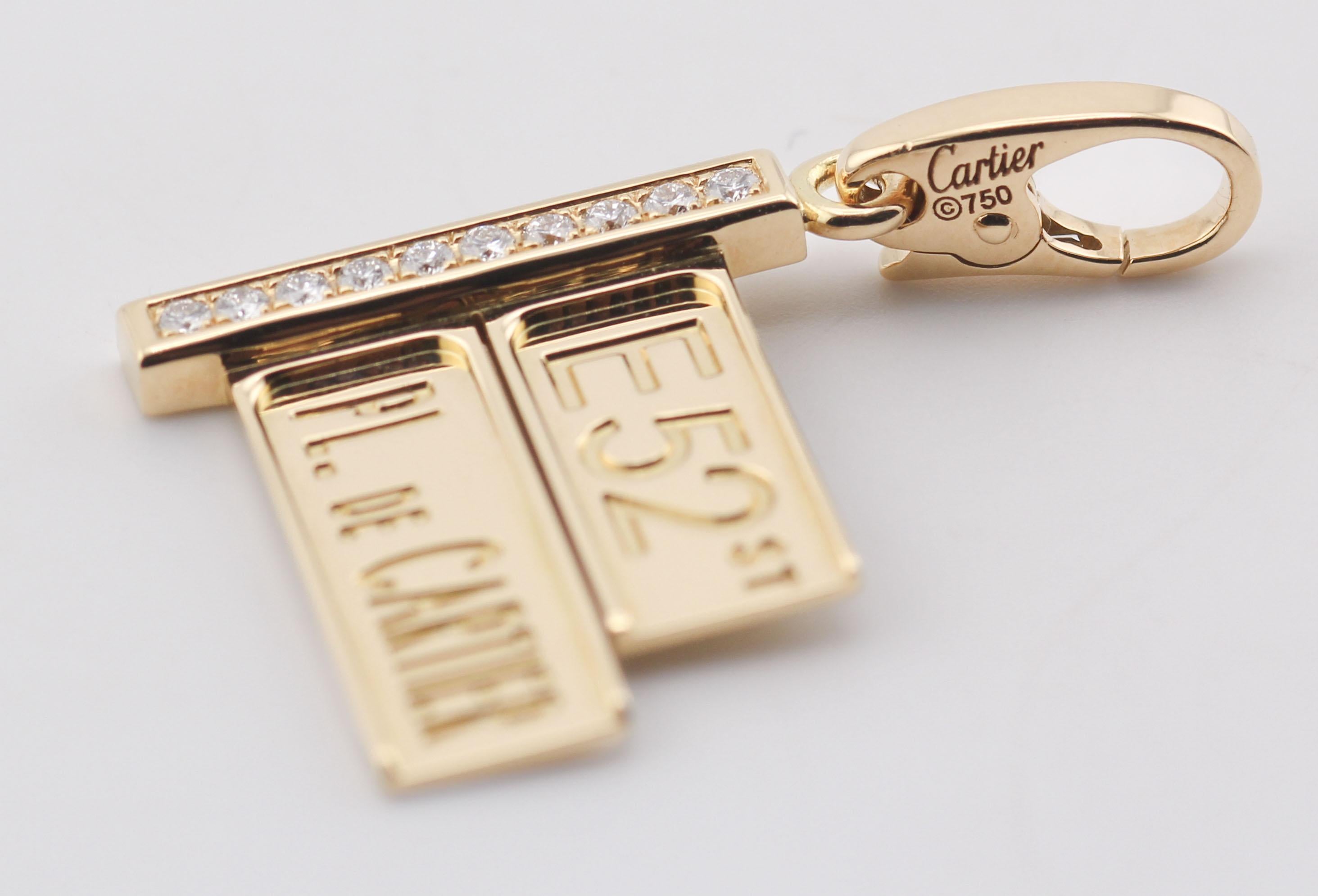 Brilliant Cut Cartier Diamond 18k Yellow Gold 52nd Street Sign Charm Pendant For Sale