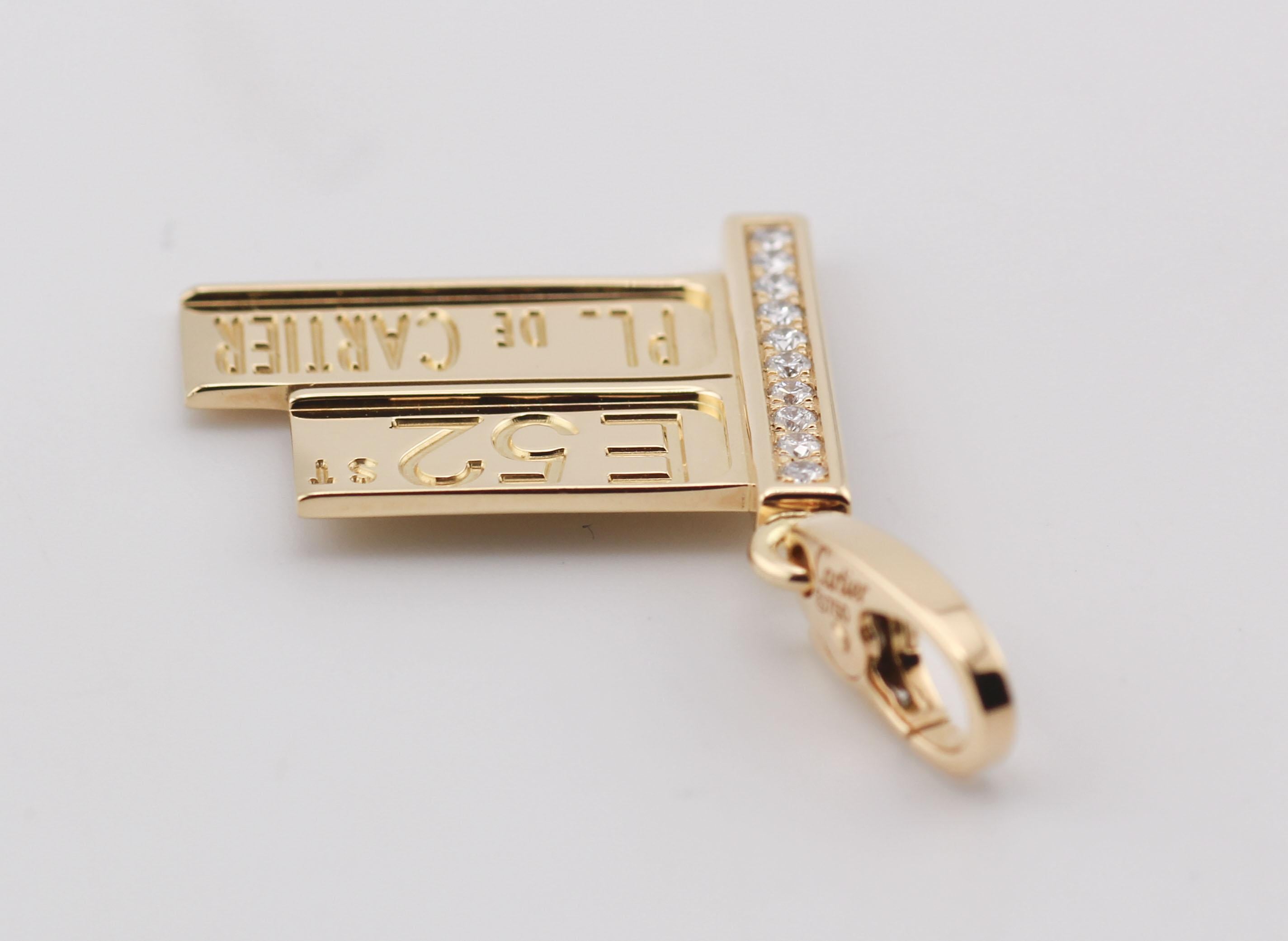 Cartier Diamond 18k Yellow Gold 52nd Street Sign Charm Pendant For Sale 1