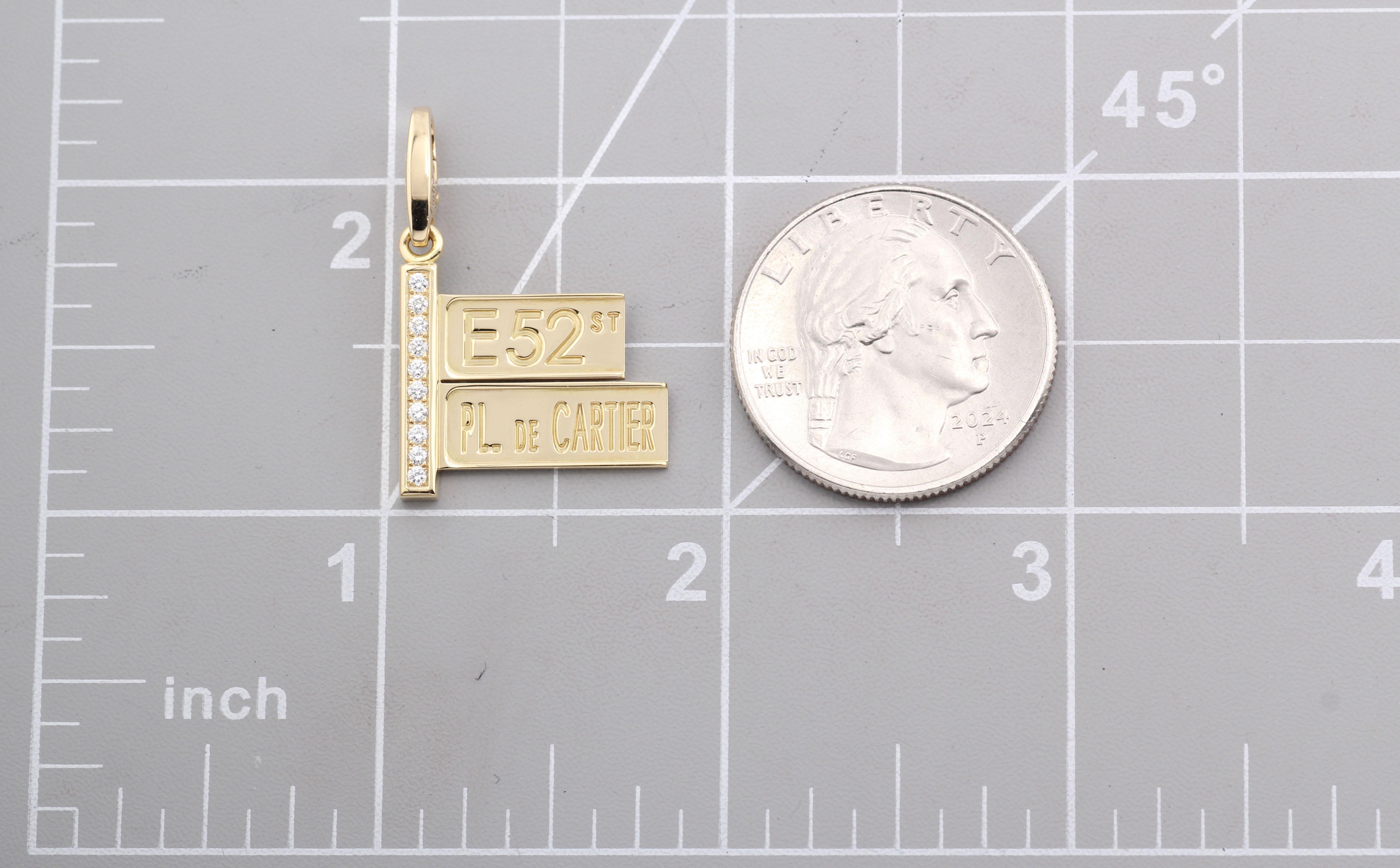 Cartier Diamond 18k Yellow Gold 52nd Street Sign Charm Pendant For Sale 3