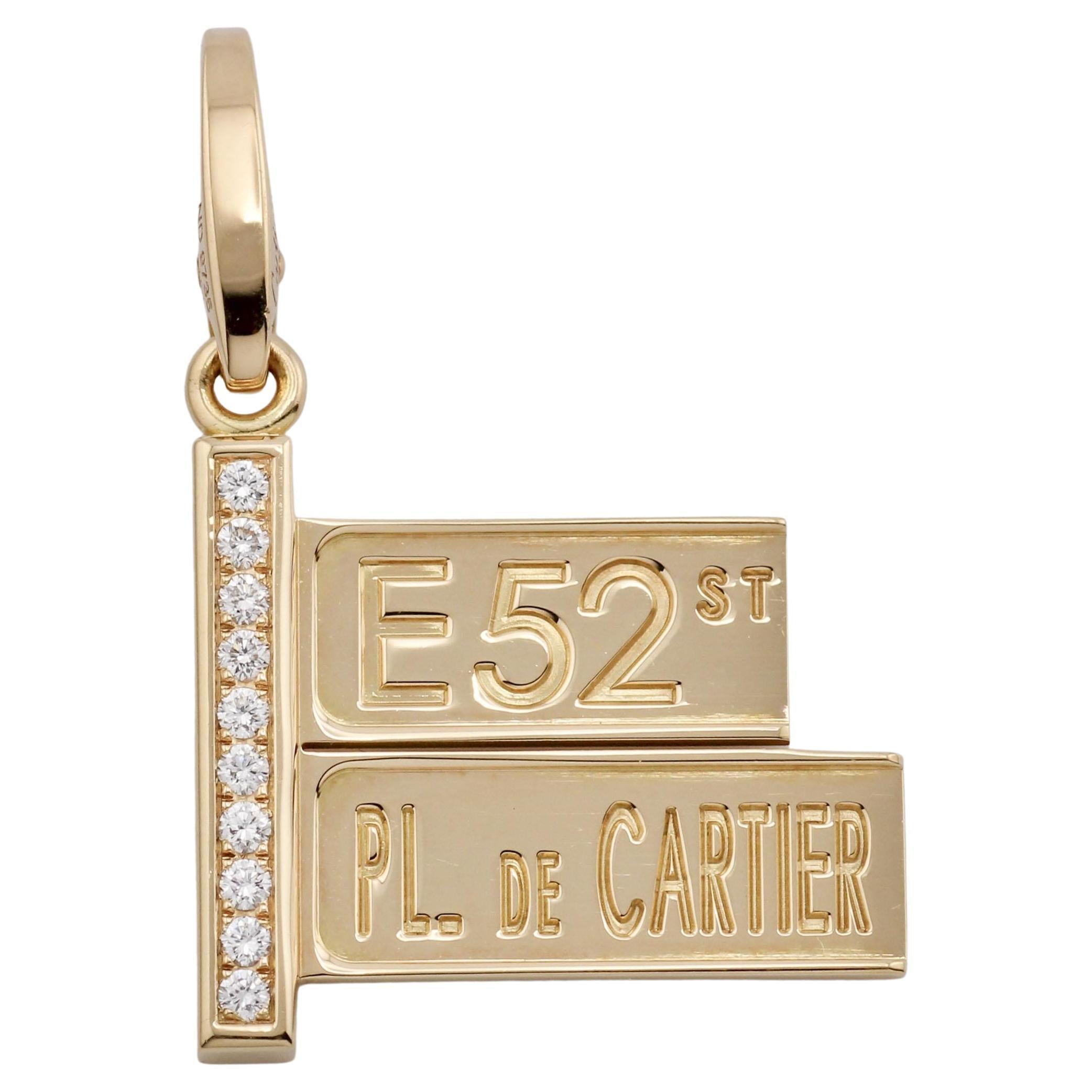 Cartier Diamond 18k Yellow Gold 52nd Street Sign Charm Pendant For Sale
