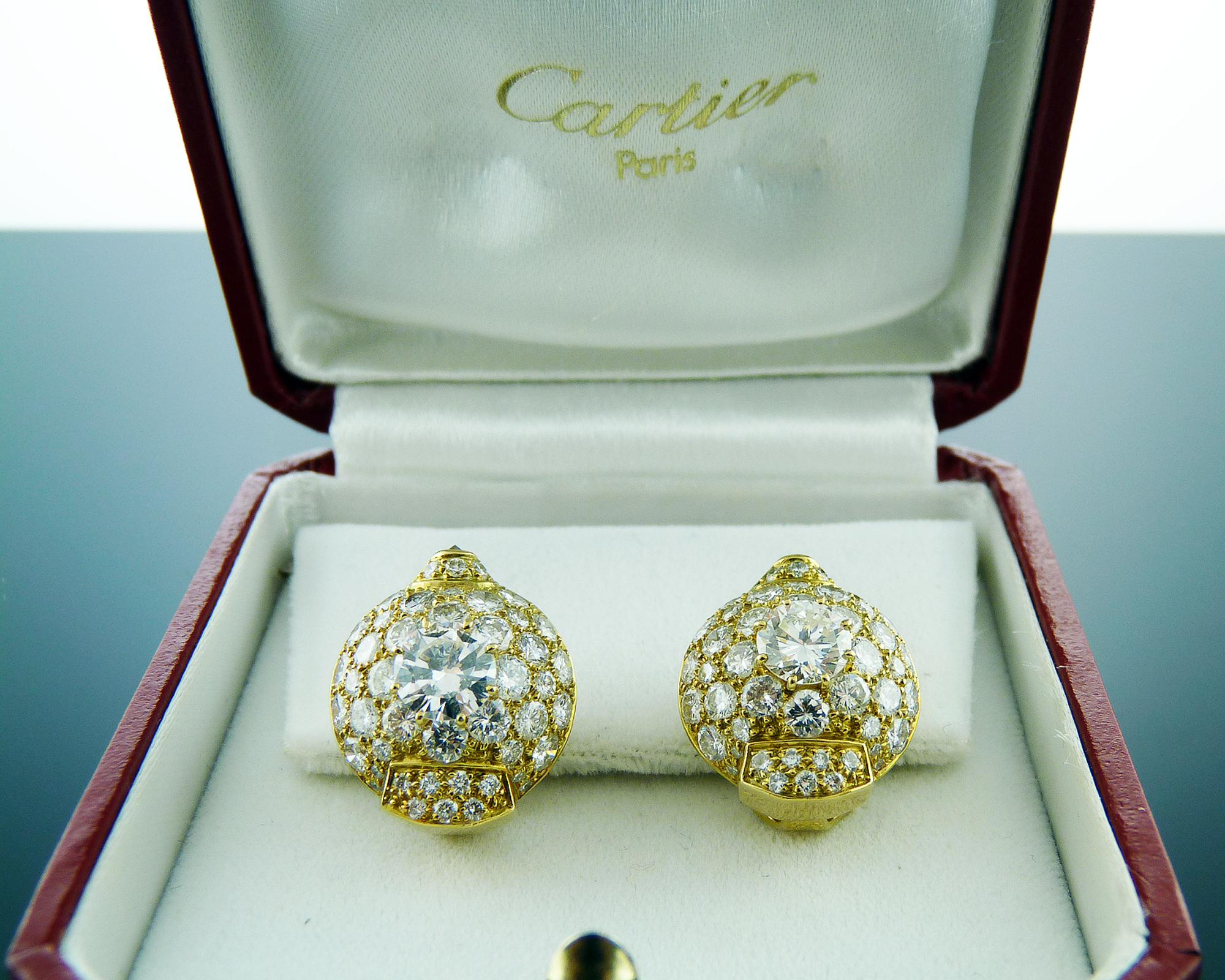 Women's Cartier Diamond 18K Yellow Gold Earrings, circa 1970s For Sale