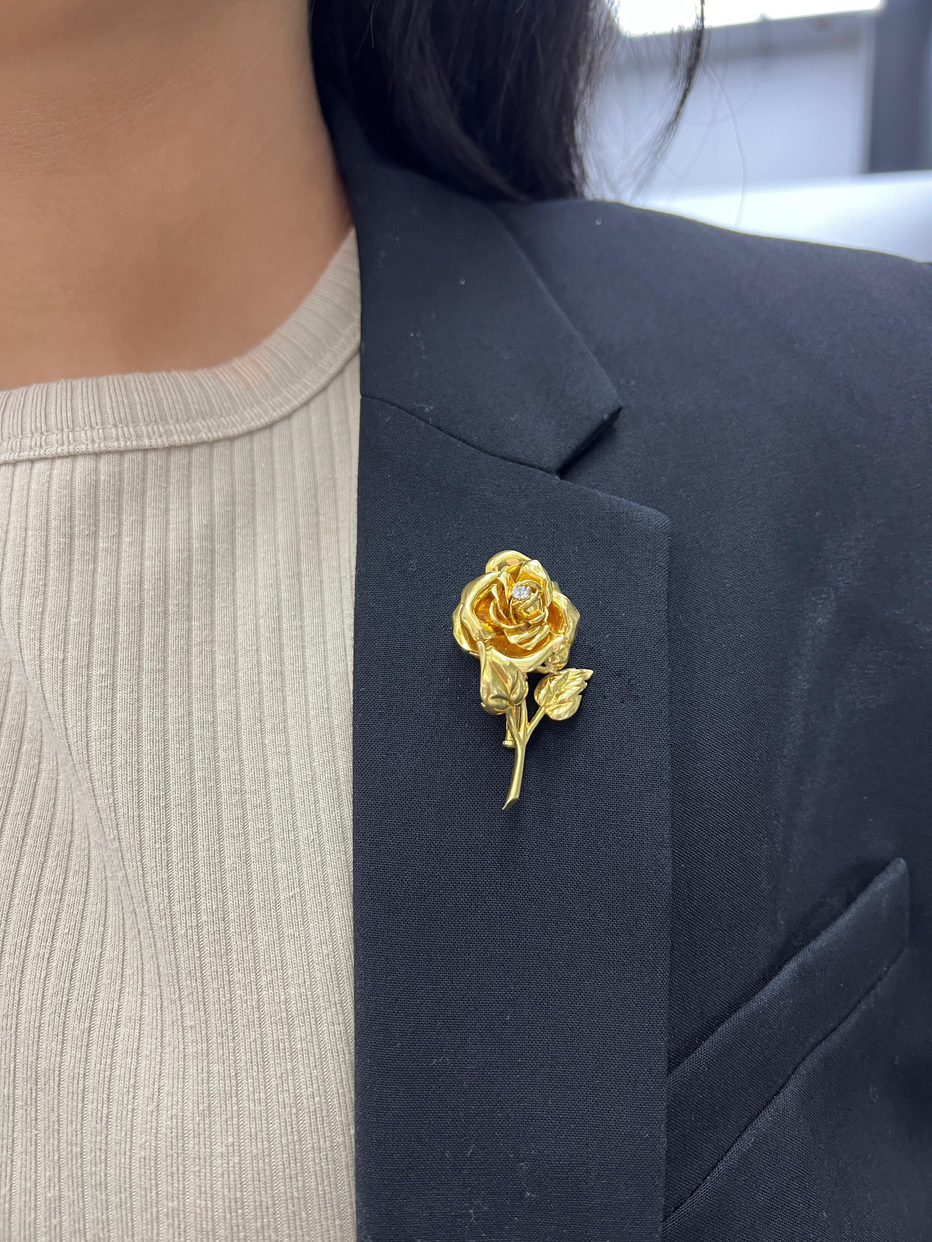 Cartier Diamond 18k Yellow Gold Rose Brooch For Sale 2