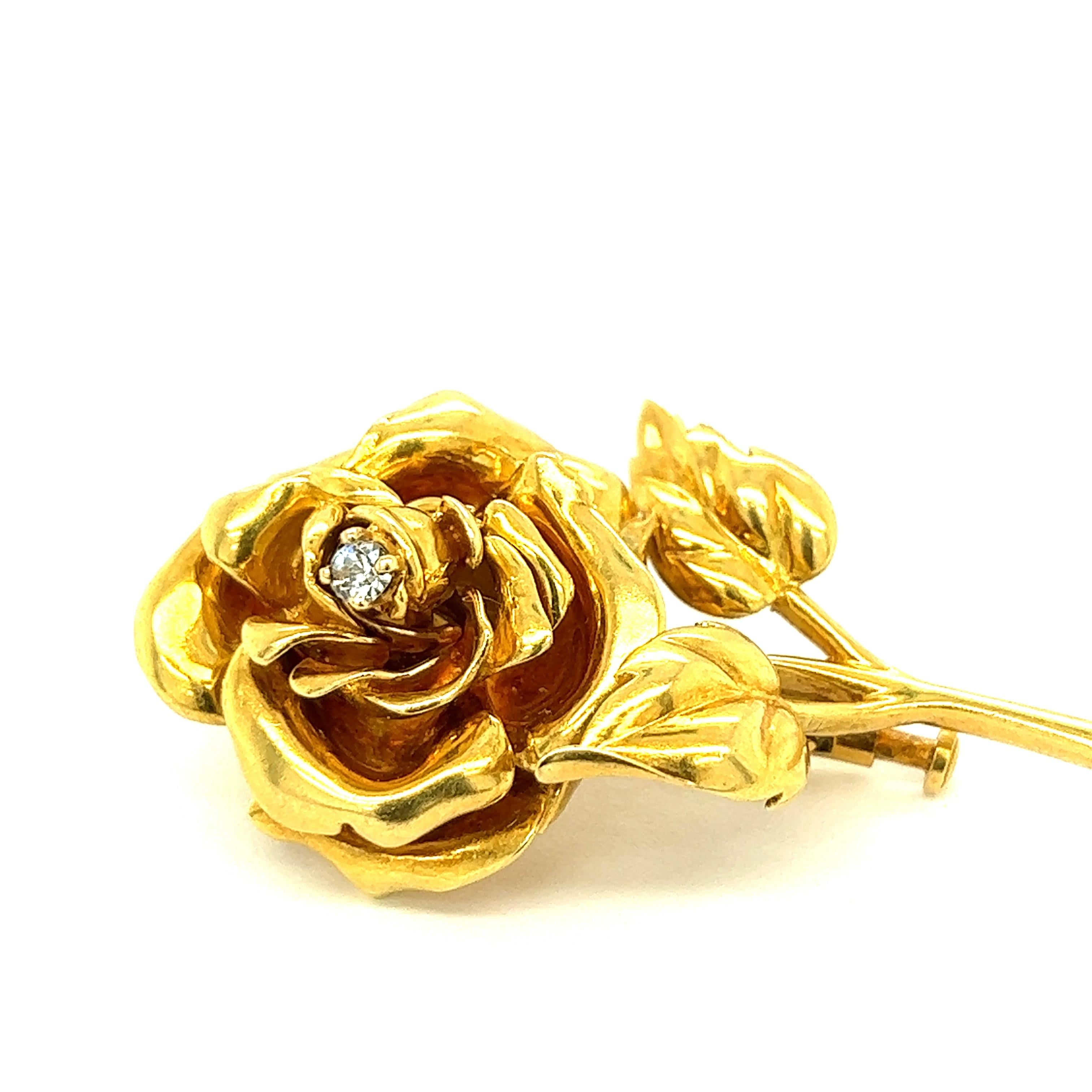 Contemporary Cartier Diamond 18k Yellow Gold Rose Brooch For Sale