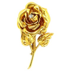 Vintage Cartier Diamond 18k Yellow Gold Rose Brooch