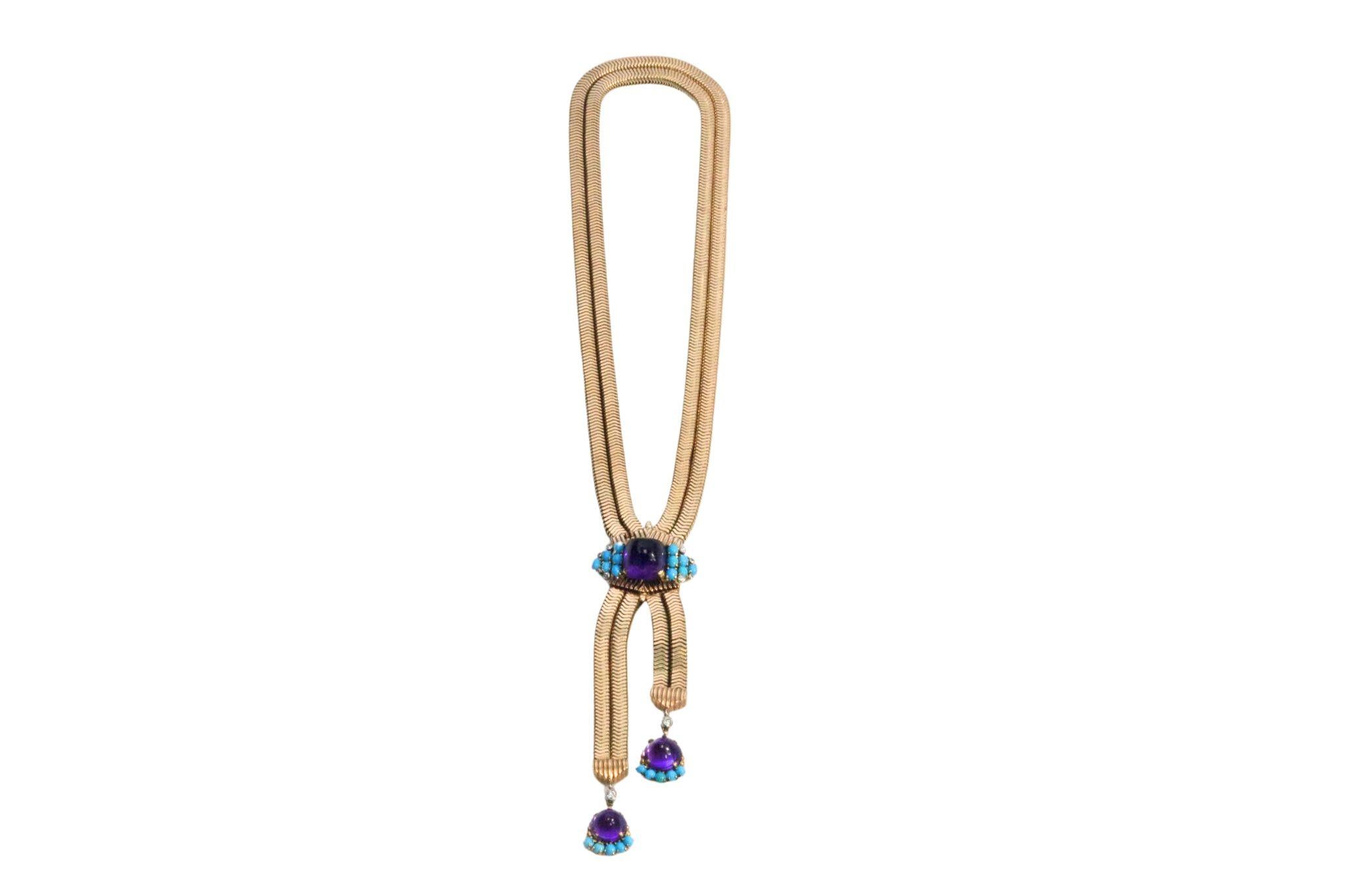 Retro Cartier Diamond, Amethyst and Turquoise Gold Necklace and Earring Set For Sale