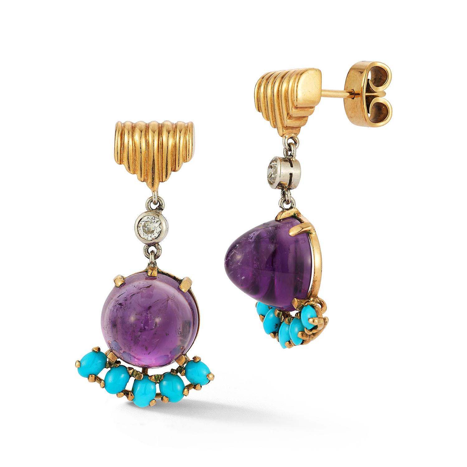 Rétro Collana e orecchini in oro con diamanti, ametista e turchese di Cartier in vendita