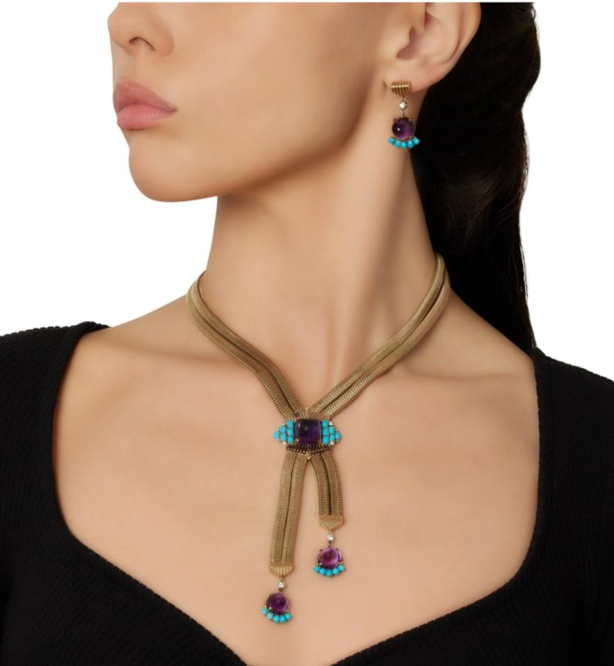 Cabochon Cartier Diamond, Amethyst and Turquoise Gold Necklace and Earring Set For Sale