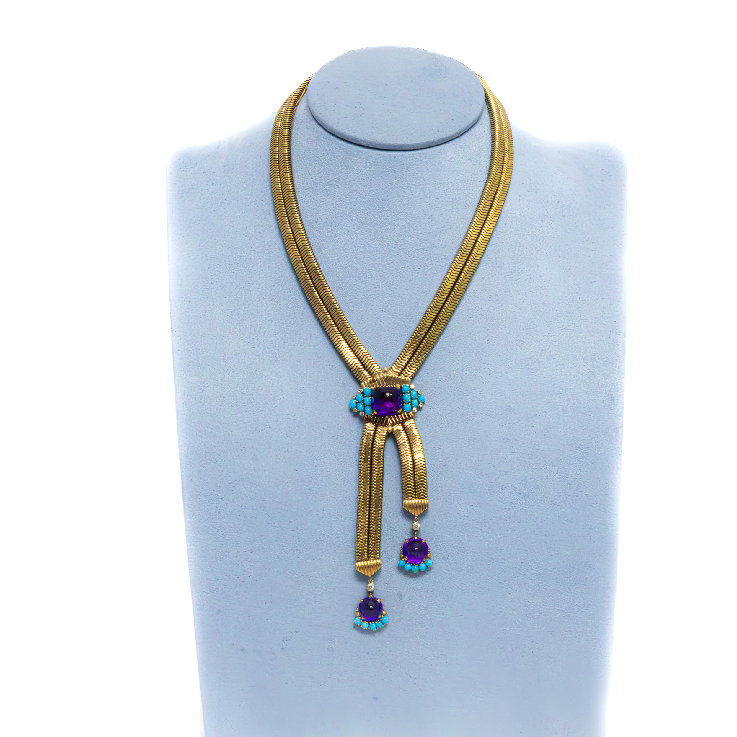 Cartier Diamond, Amethyst and Turquoise Gold Necklace and Earring Set For Sale 1