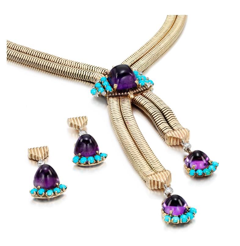 Cartier Diamond, Amethyst and Turquoise Gold Necklace and Earring Set

This necklace and earring set by Cartier epitomizes the brand's elegance and creativity. Featuring cabochon amethysts paired with vibrant turquoise accents, the pieces are