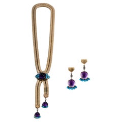 Cartier Diamond, Amethyst and Turquoise Gold Necklace and Earring Set