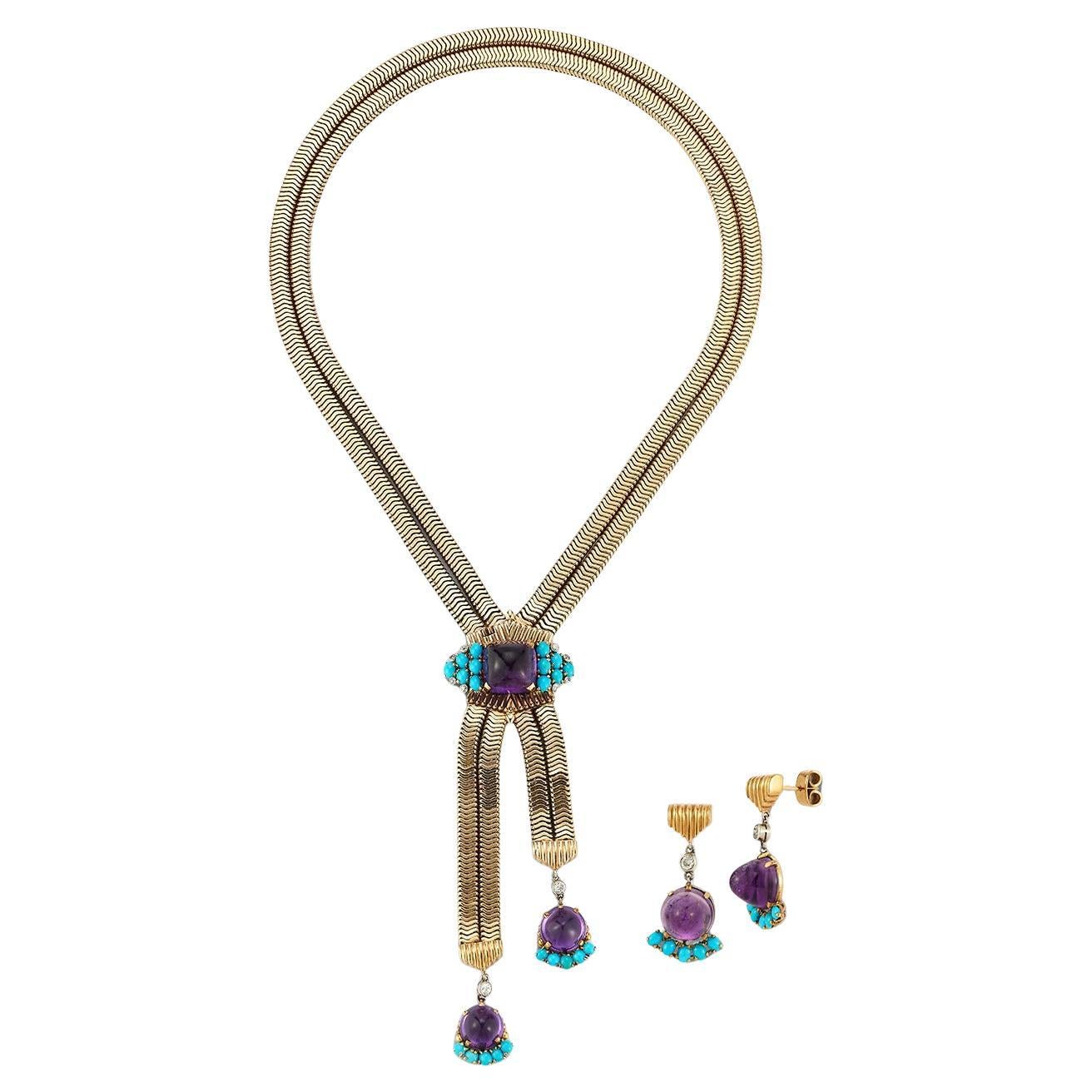 Collana e orecchini in oro con diamanti, ametista e turchese di Cartier