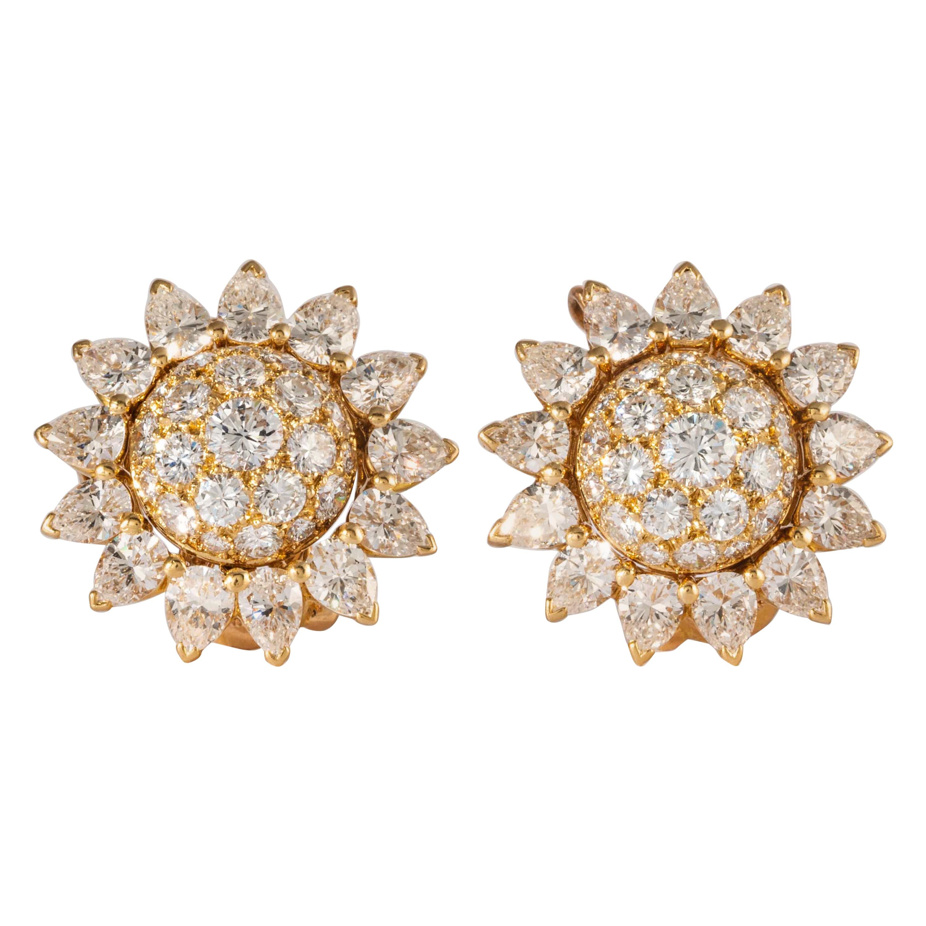 Cartier Diamond and 18 Karat Yellow Gold Sun Flower Motif Earrings 'Vintage'