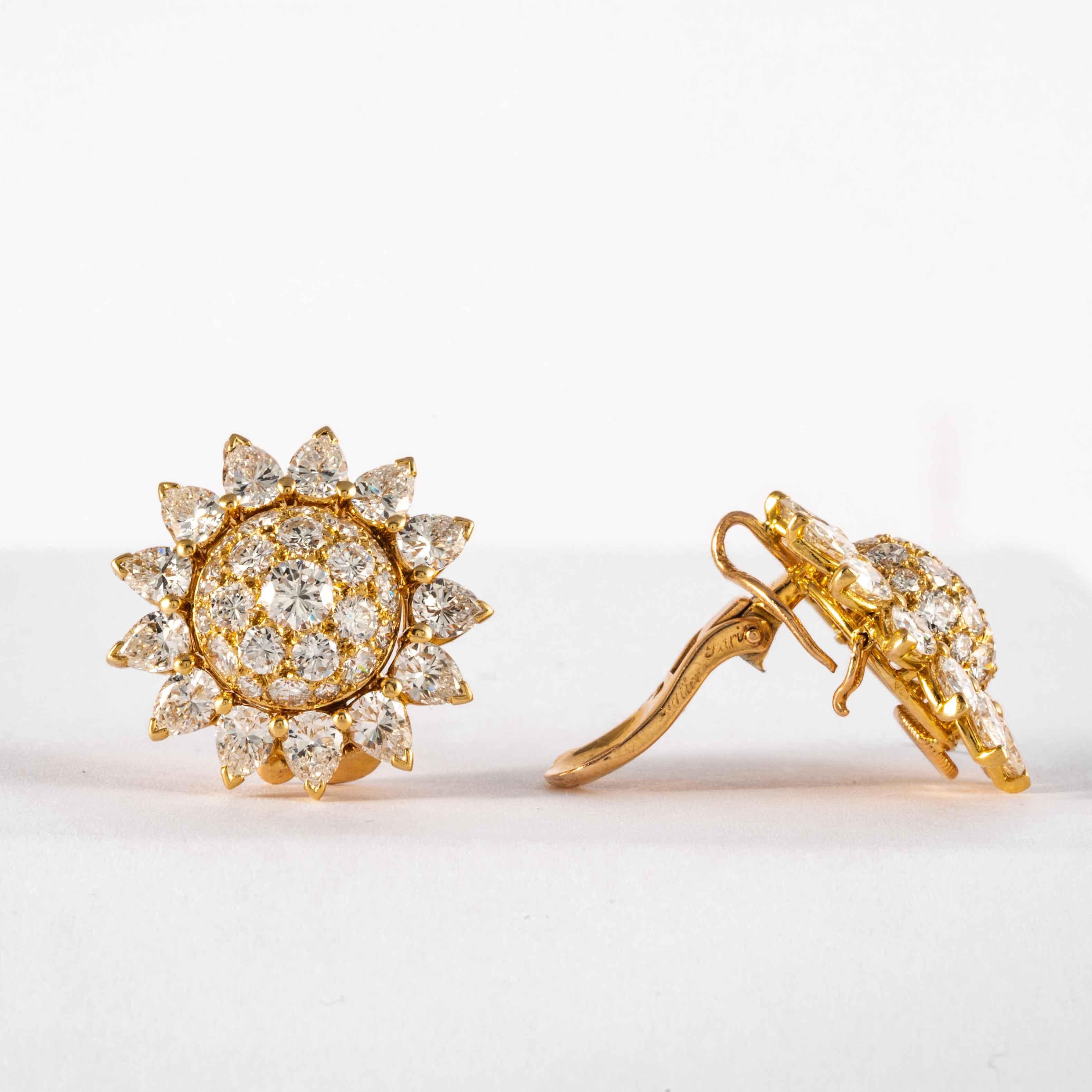 Cartier Diamond and 18 Karat Yellow Gold Sun Flower Motif Earrings 'Vintage' In Good Condition In Boston, MA