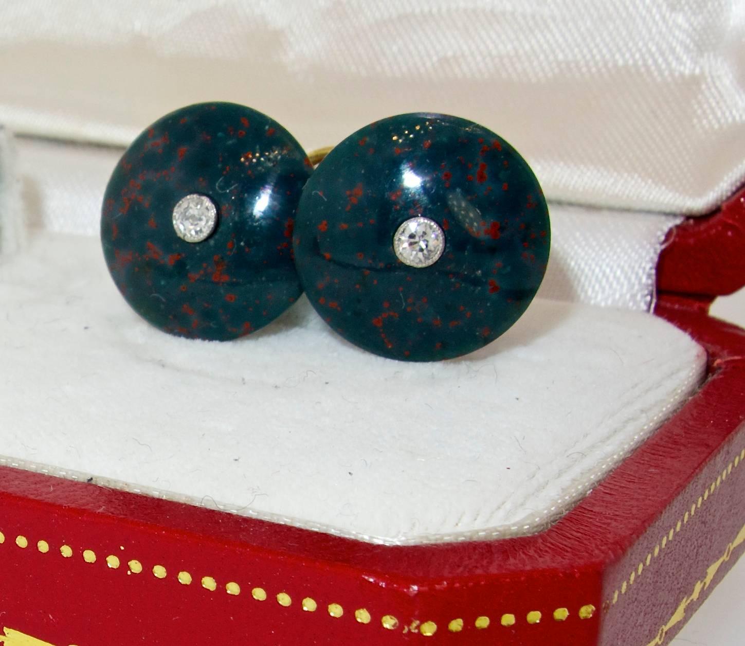 Art Deco Cartier Platinum Diamond, Bloodstone and gold cufflinks