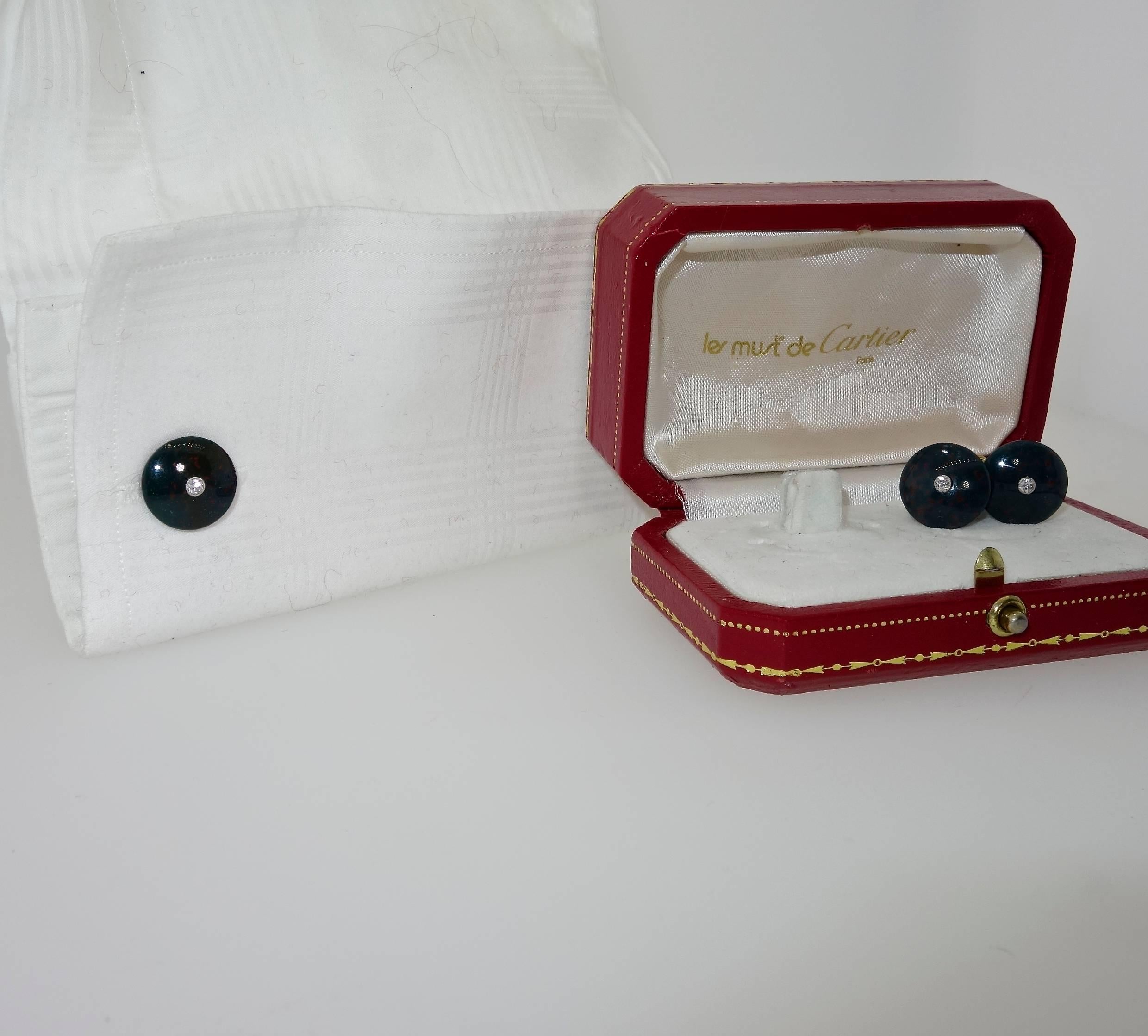 Cartier Platinum Diamond, Bloodstone and gold cufflinks In Excellent Condition In Aspen, CO