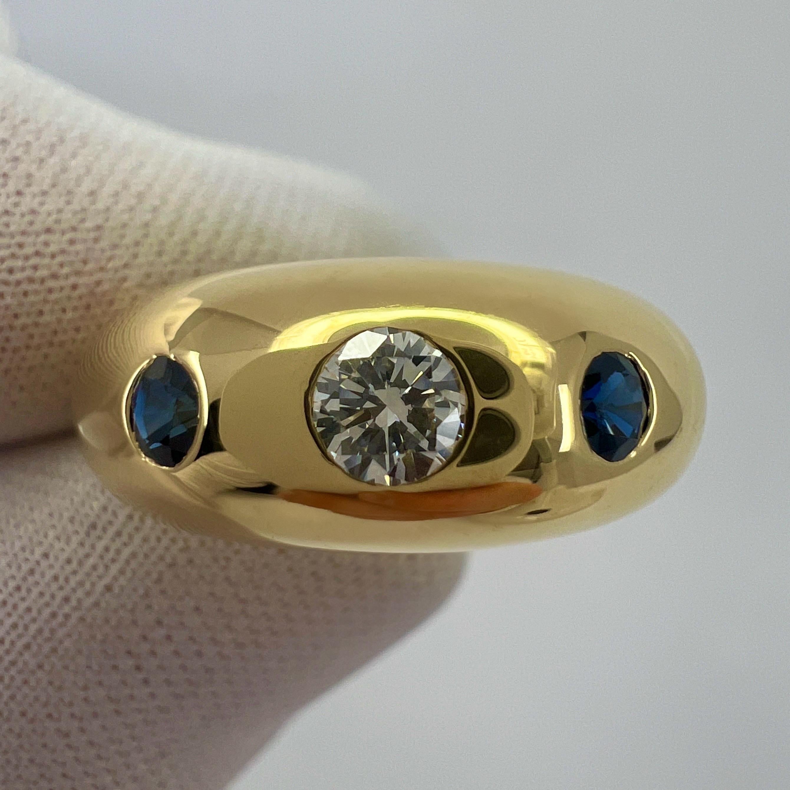 Cartier Diamond And Blue Sapphire 18k Yellow Gold Three Stone Dome Daphne Ring 7