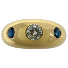 Cartier Diamond And Blue Sapphire 18k Yellow Gold Three Stone Dome Daphne Ring