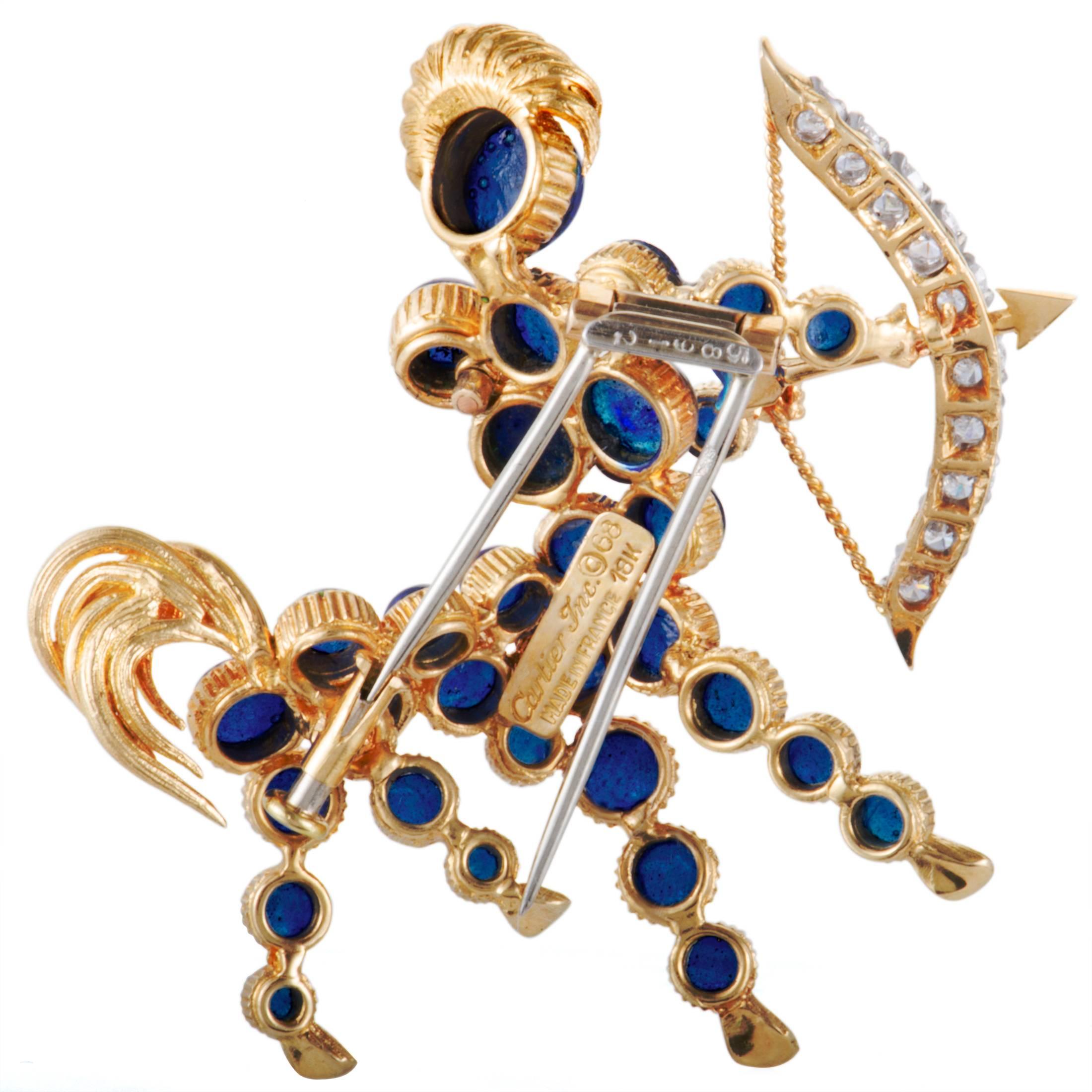 Drawing inspiration from the irresistibly mystical world of astrology, this fabulous brooch from Cartier depicts the zodiac sign of Sagittarius. The brooch is expertly made of luxurious 18K yellow gold and it is decorated with blue stones and 0.45
