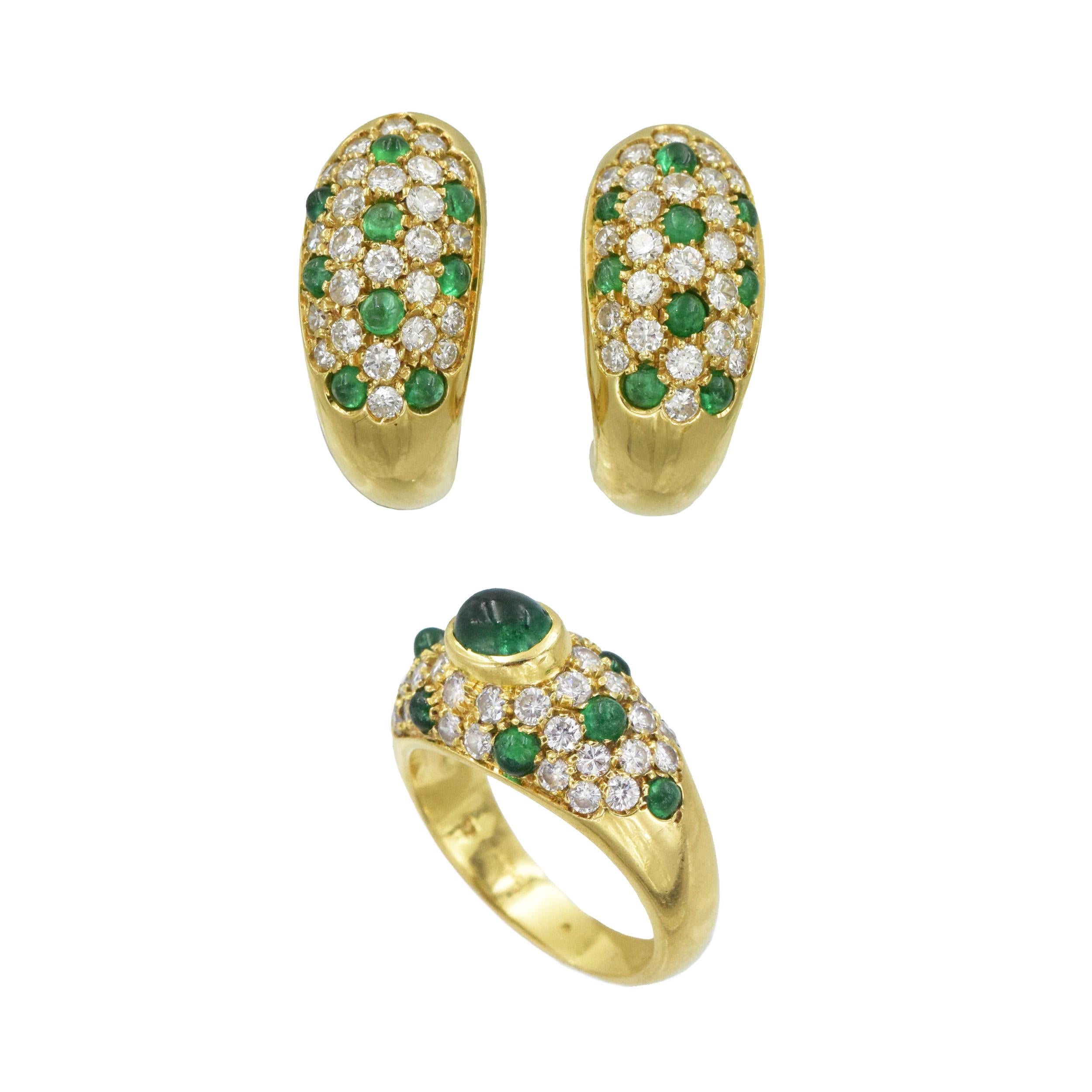 Cartier Diamond and Emerald Ring and Earrings. This set has a ring with 35 round diamonds weighing approximately 1.05 carat and 9 cabochon emeralds weighing approximately 0.80carat
(inclusive of 0.5carat center) all set in 18k yellow gold. Signed