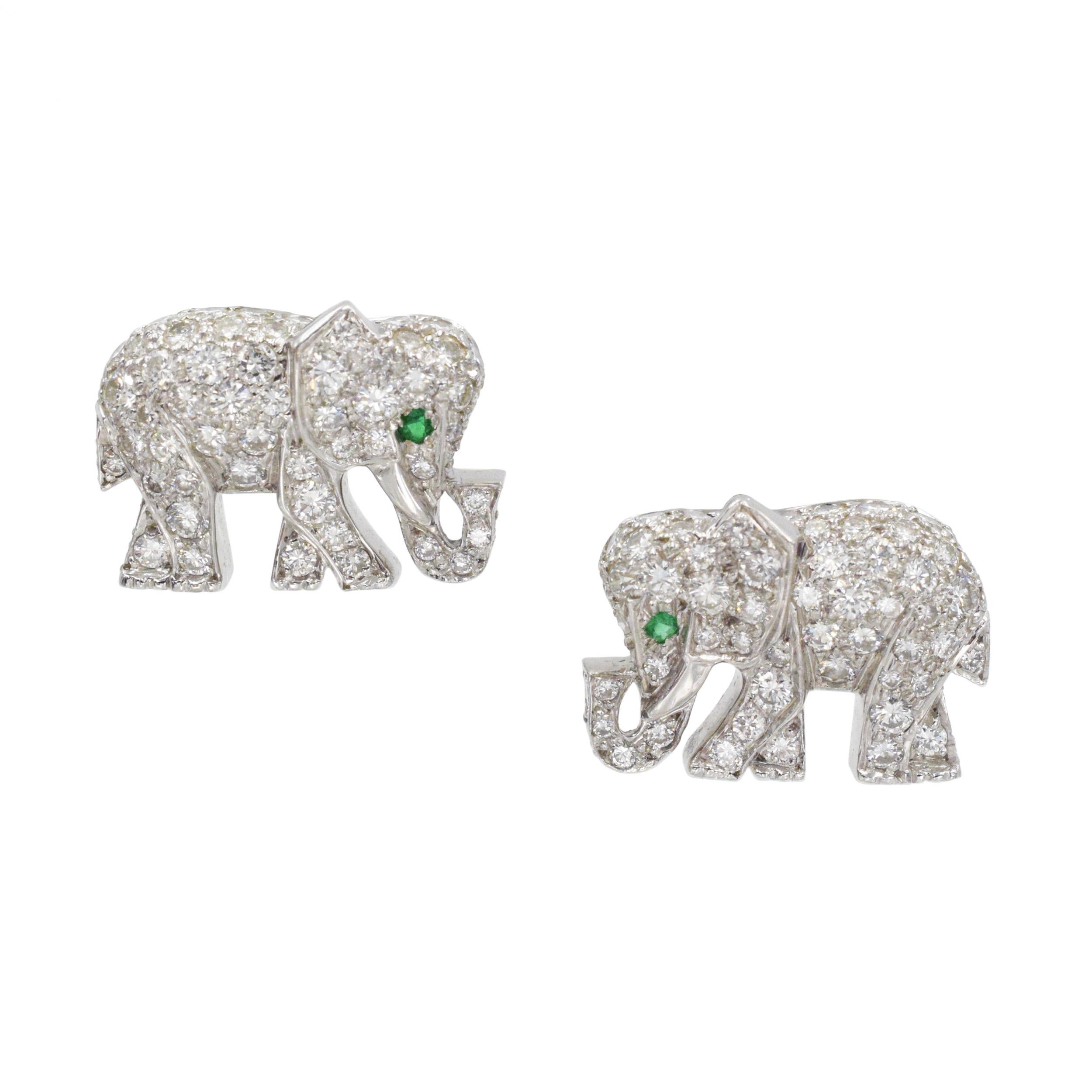 Cartier Diamond and Emerald Elephant Brooch and Earrings Set In Platinum. 2