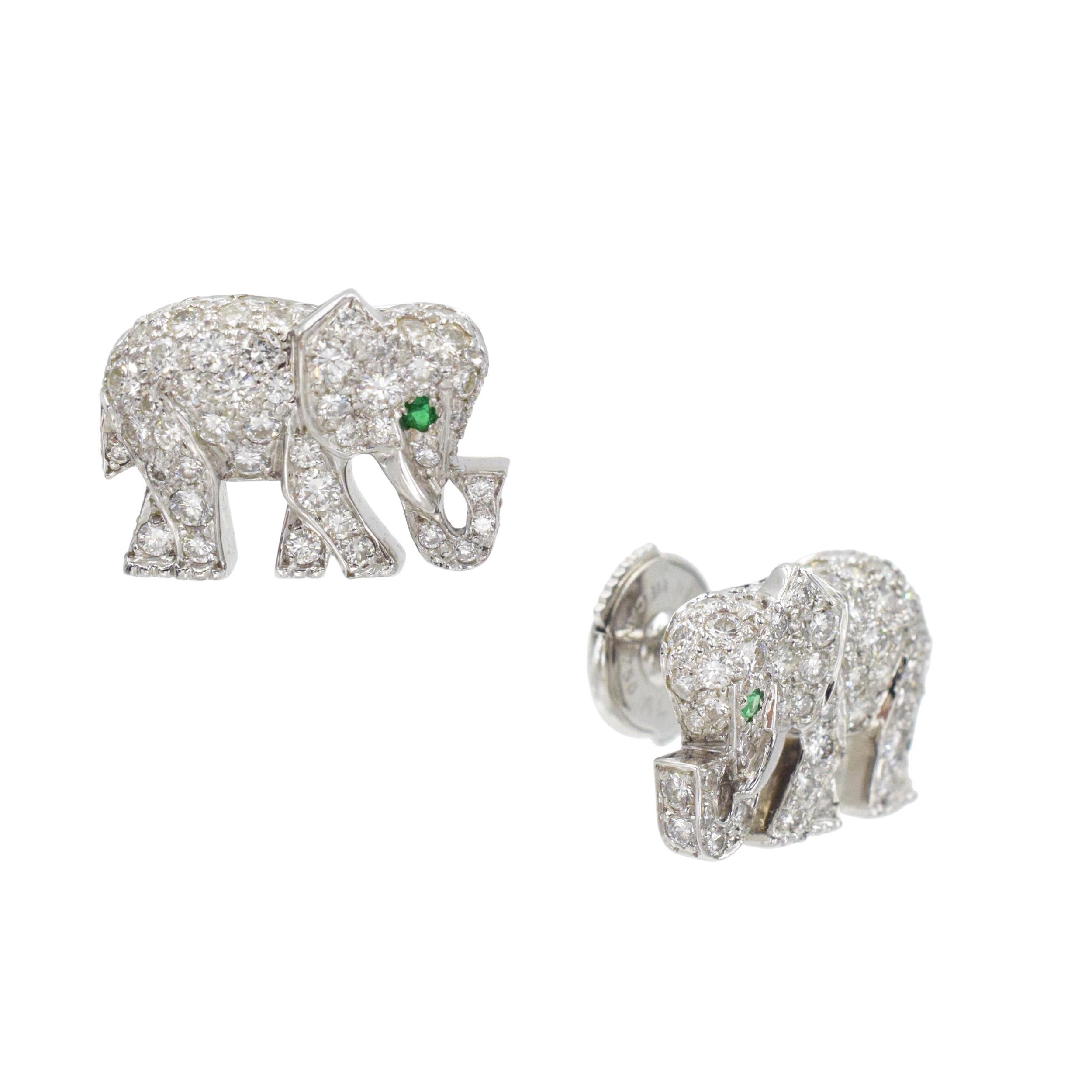 Cartier Diamond and Emerald Elephant Brooch and Earrings Set In Platinum. 3