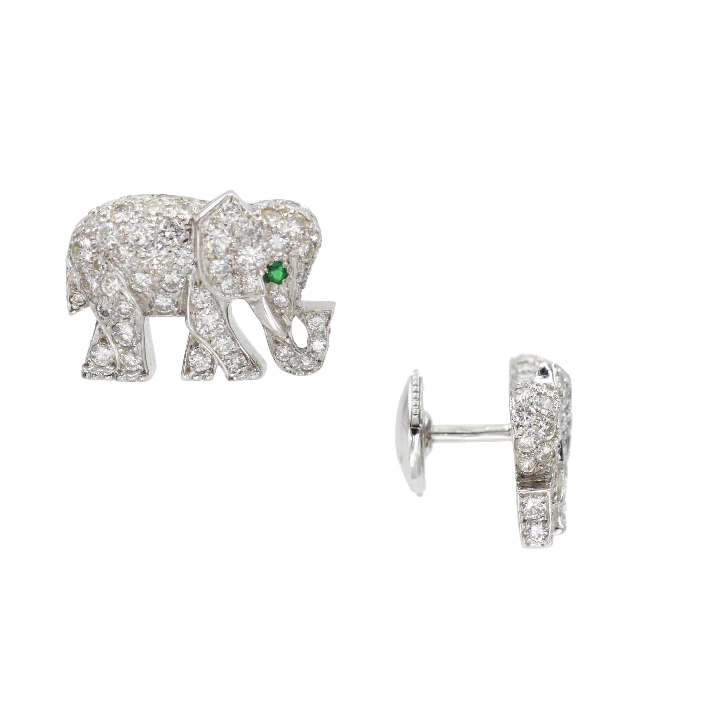 Cartier Diamond and Emerald Elephant Brooch and Earrings Set In Platinum. 4