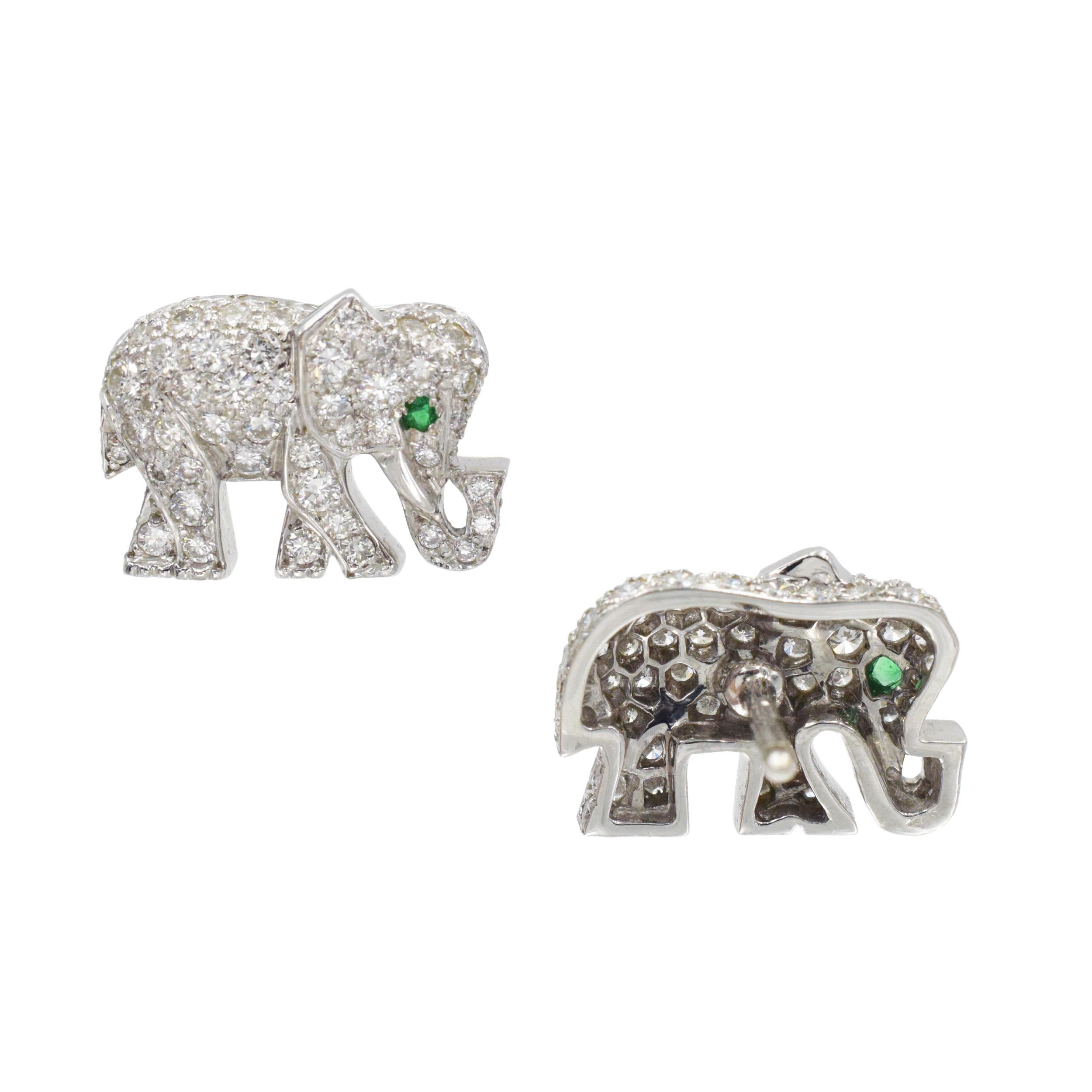 Cartier Diamond and Emerald Elephant Brooch and Earrings Set In Platinum. 5