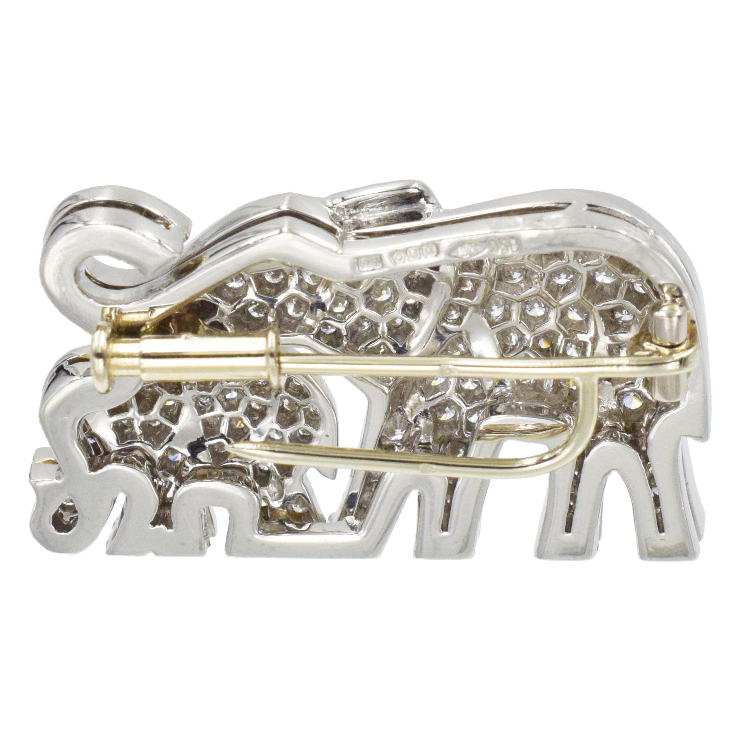 Round Cut Cartier Diamond and Emerald Elephant Brooch and Earrings Set In Platinum.