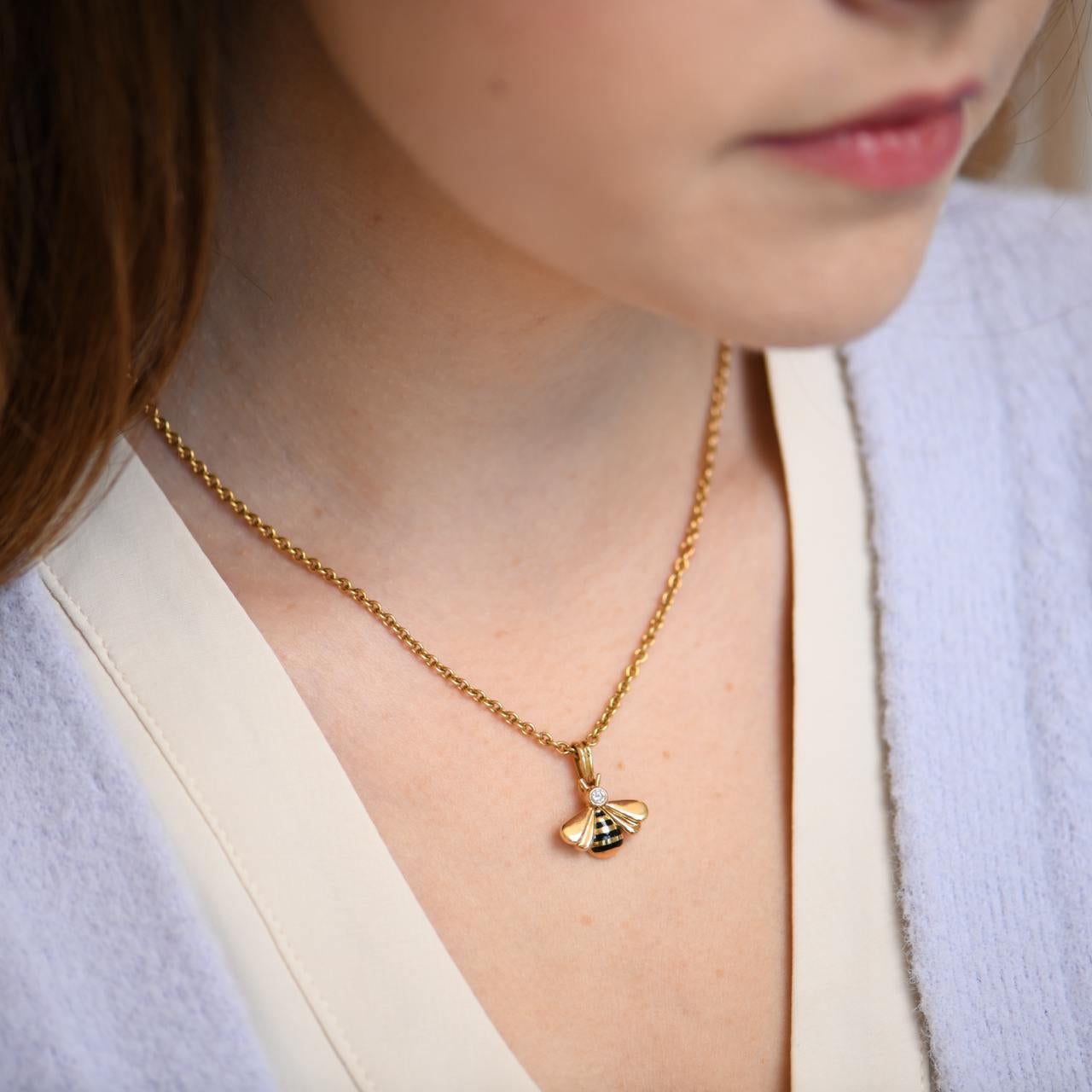 Brilliant Cut Cartier Diamond and Enamel Bee 18K Yellow Gold Pendant Necklace
