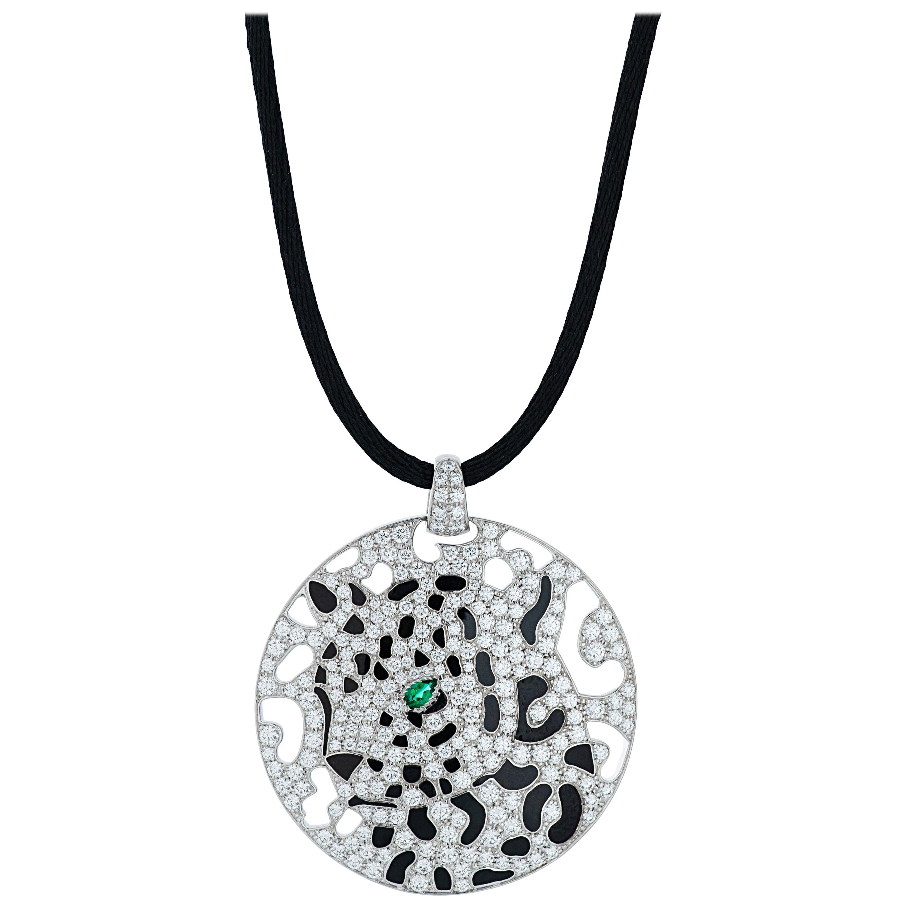 Cartier Diamond and Enamel Panther Openwork Disc Pendant on Black Cord Necklace