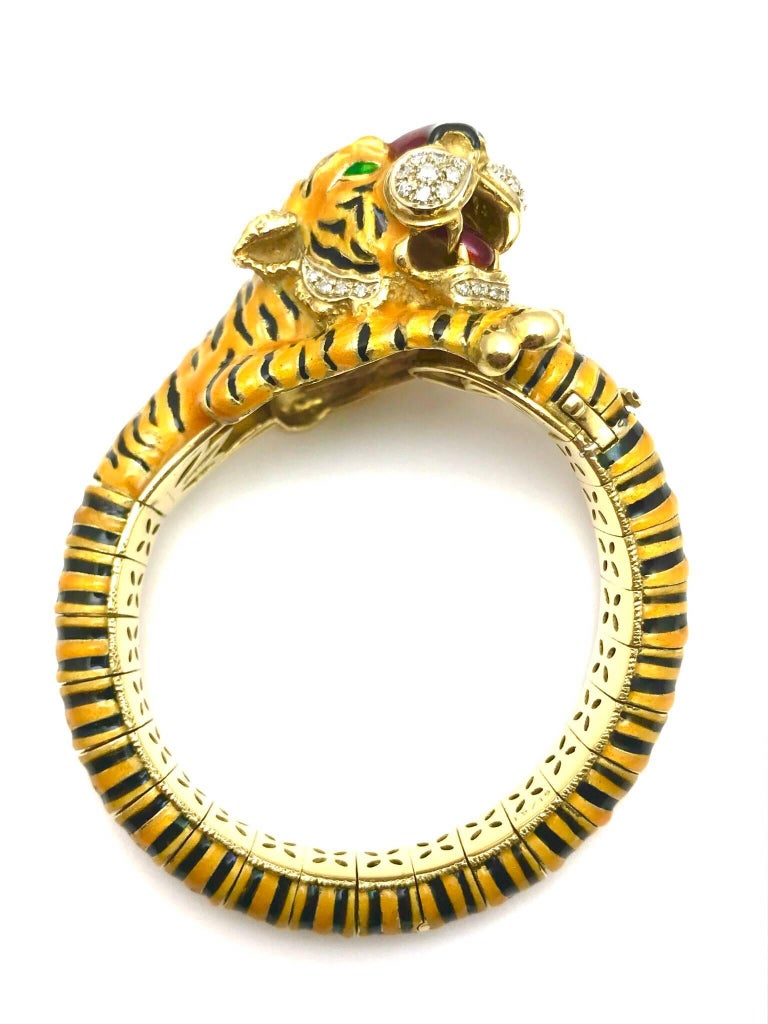 Cartier Diamond and Enamel Yellow Gold Bangle Tiger Bracelet at 1stDibs