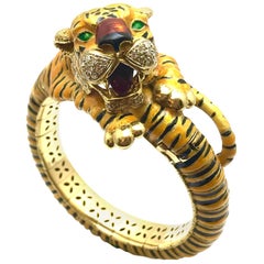 Cartier Diamond and Enamel Yellow Gold Bangle Tiger Bracelet
