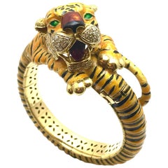 Vintage Cartier Diamond and Enamel Yellow Gold Bangle Tiger Bracelet