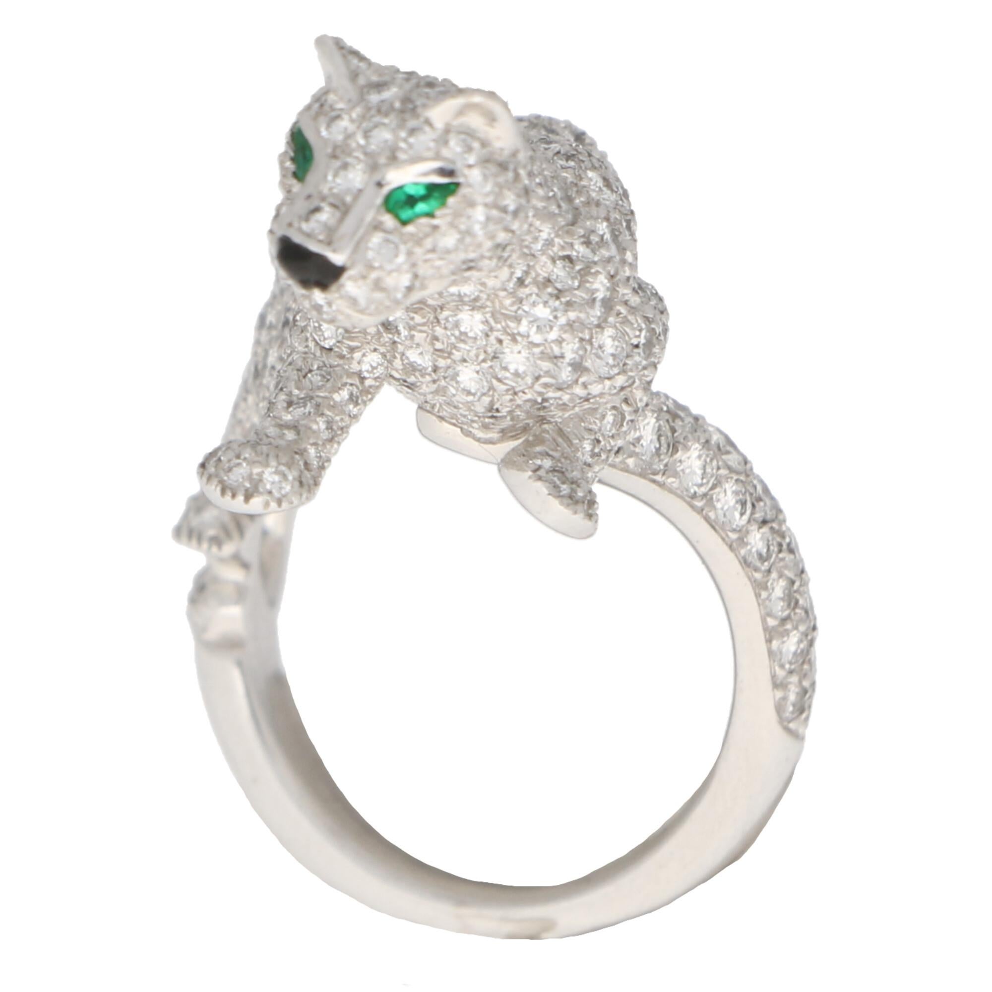 Modern Cartier Diamond and Green Garnet Walking Panther Ring Set in 18k White Gold
