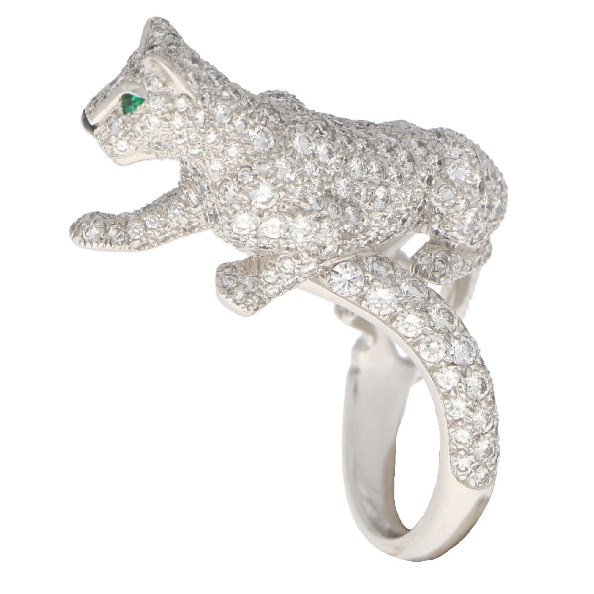 Round Cut Cartier Diamond and Green Garnet Walking Panther Ring Set in 18k White Gold