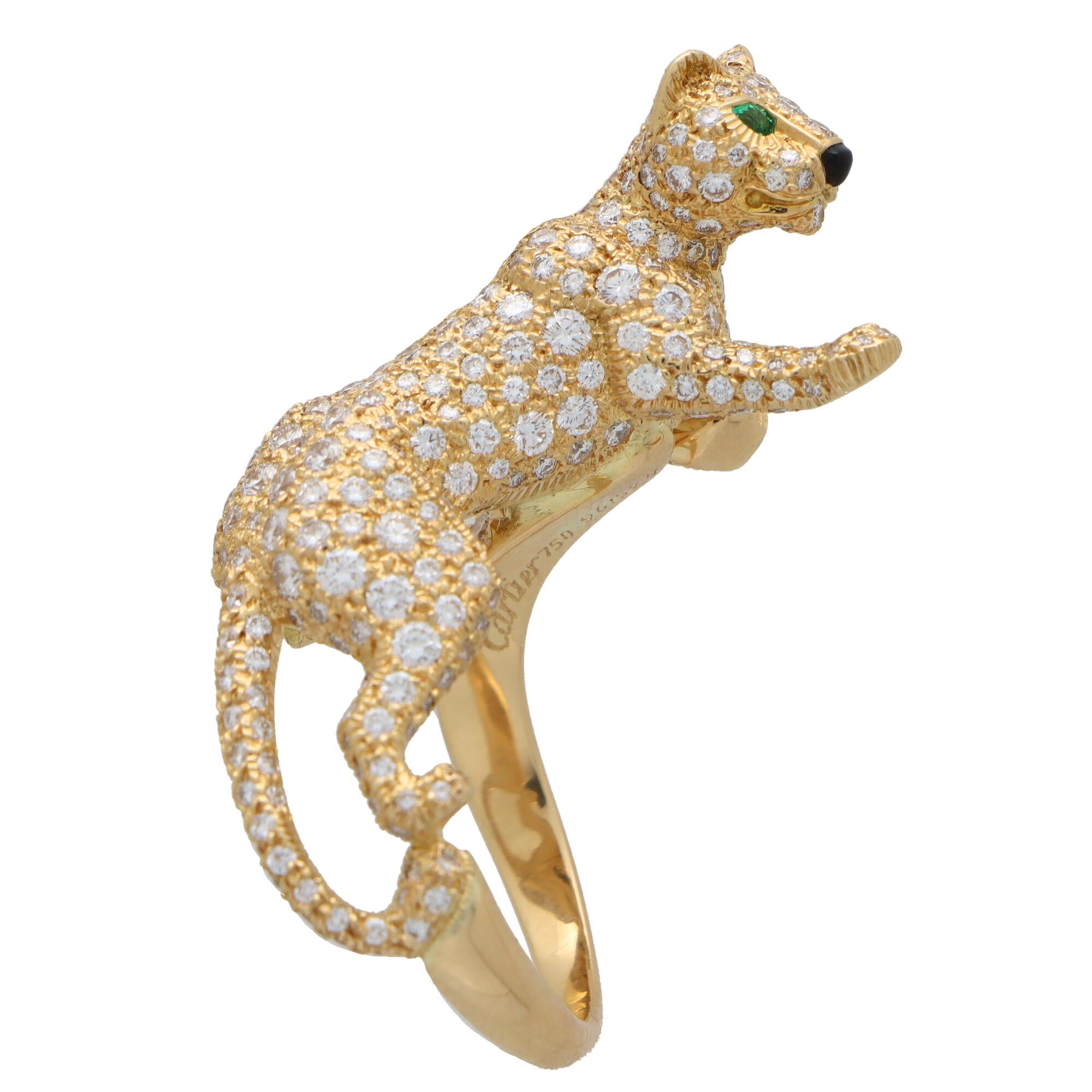 Modern Cartier Diamond and Green Garnet Walking Panther Ring Set in 18k Yellow Gold