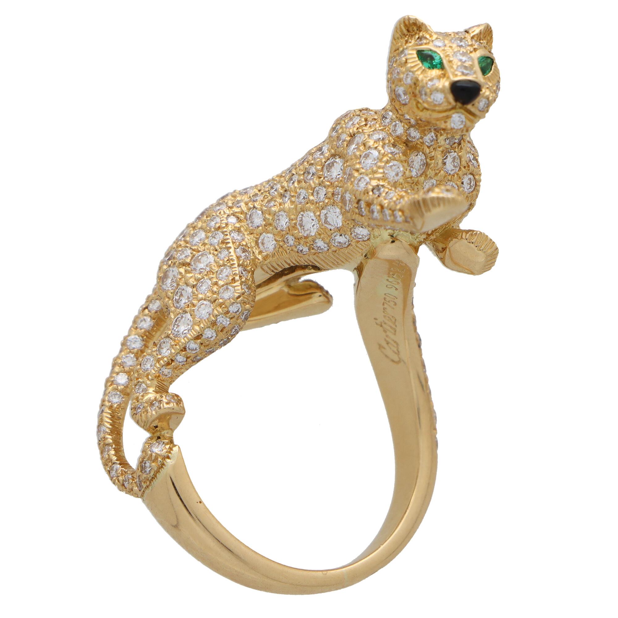 Round Cut Cartier Diamond and Green Garnet Walking Panther Ring Set in 18k Yellow Gold