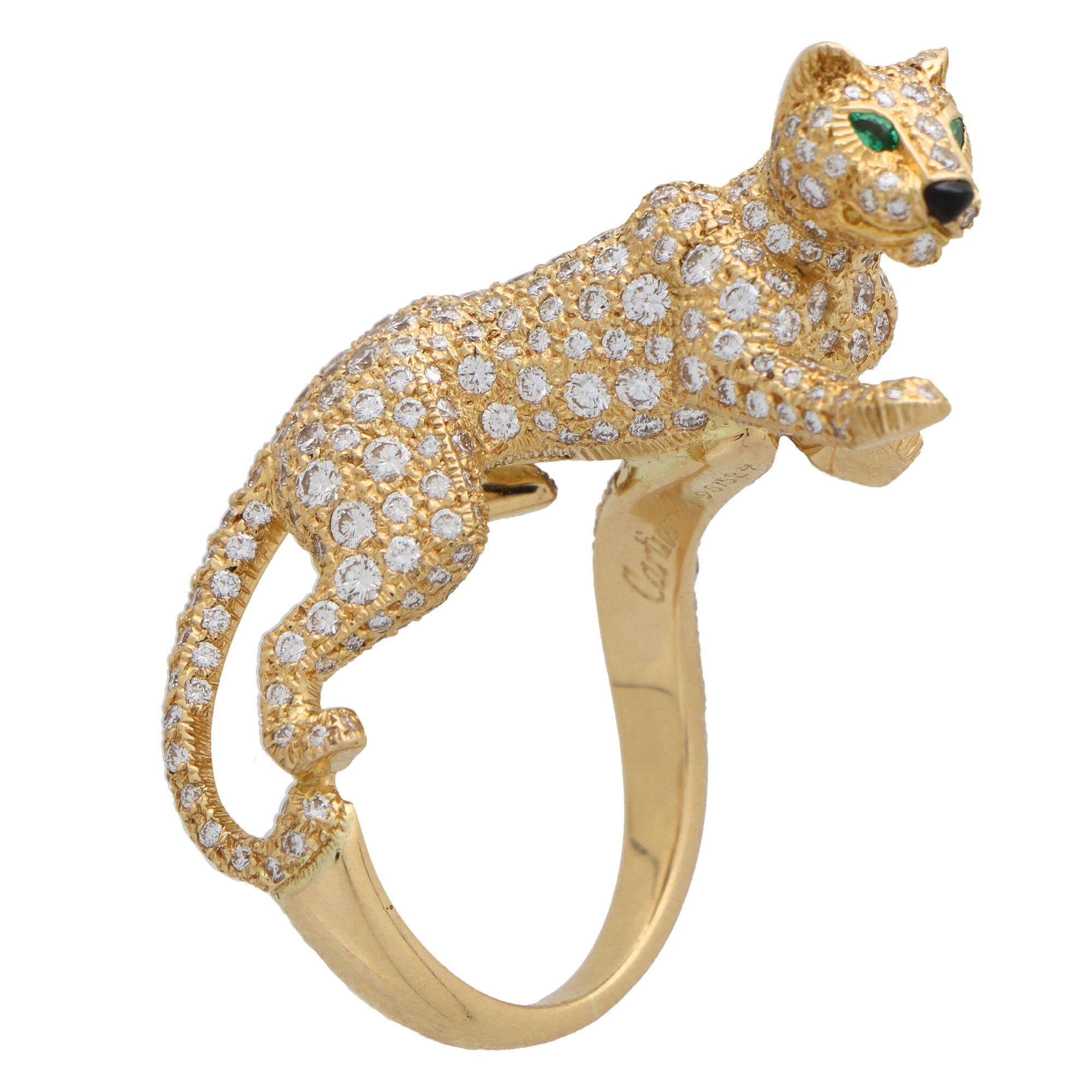 Cartier Diamond and Green Garnet Walking Panther Ring Set in 18k Yellow Gold In Excellent Condition In London, GB