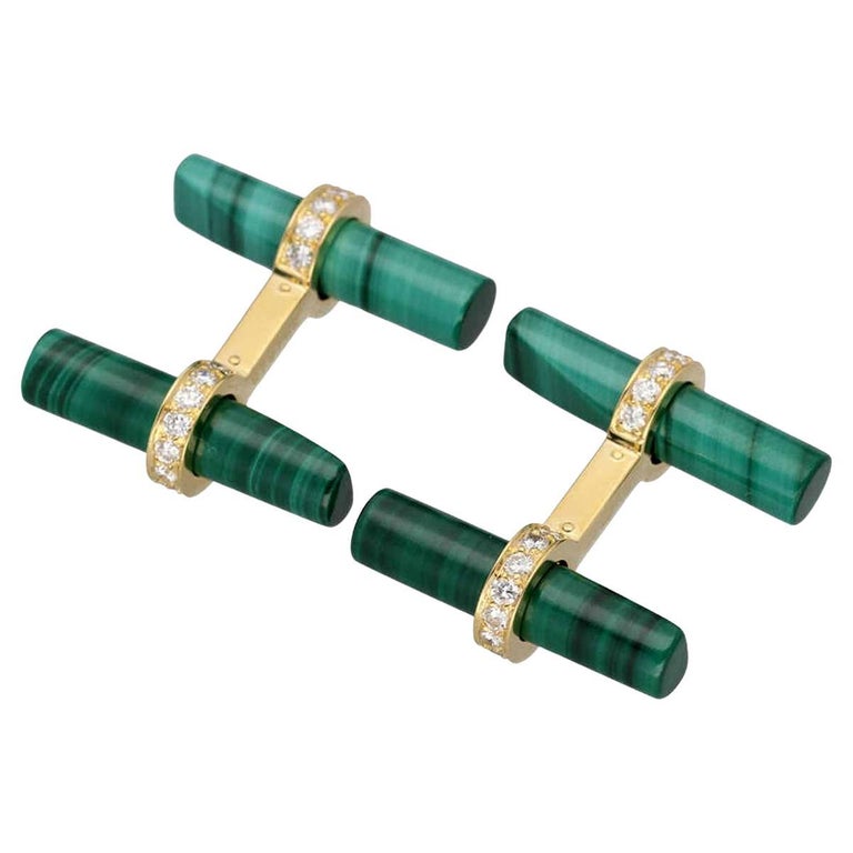 Cartier Diamond Malachite 18K Yellow Gold Cufflinks For Sale at 