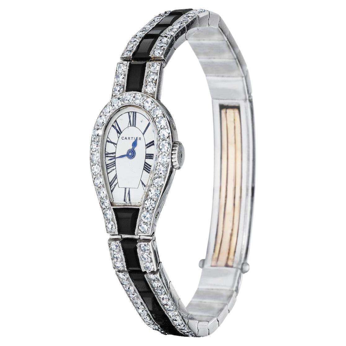Cartier Diamond and Onyx Bracelet Watch C. 1925 Art Deco, Paris