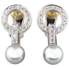 Cartier Diamond and Pearl Agrafe 18 Karat White Gold Vintage Drop Earrings