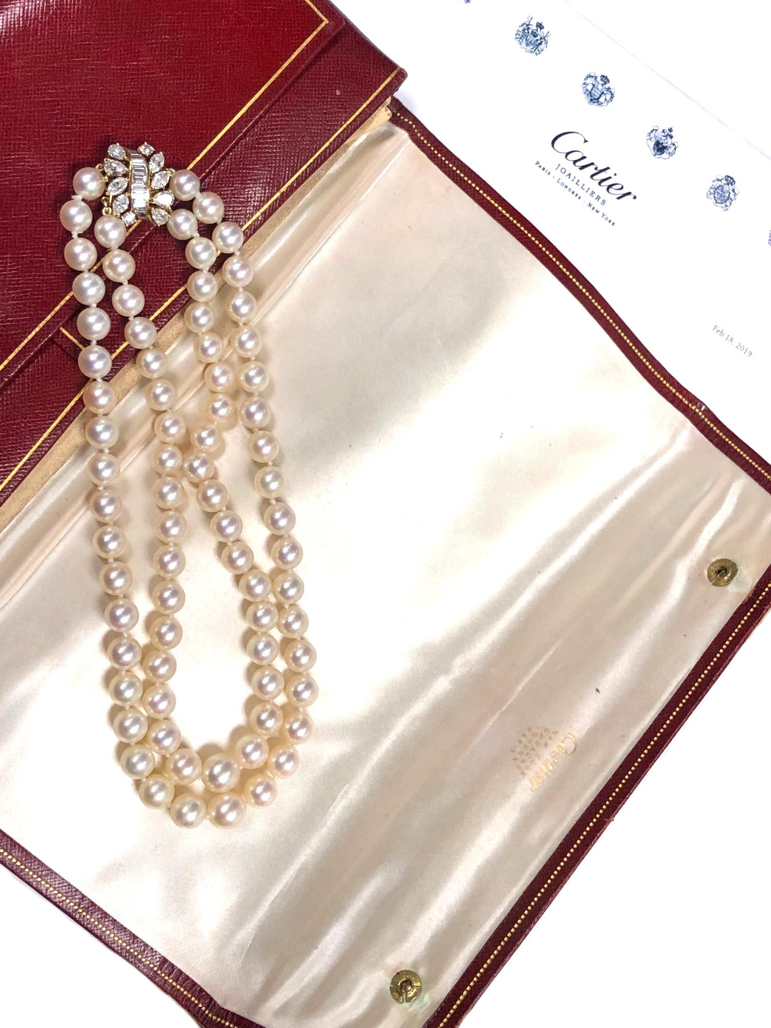 Cartier Diamond and Pearls Double Strand Necklace In Excellent Condition In Chicago, IL