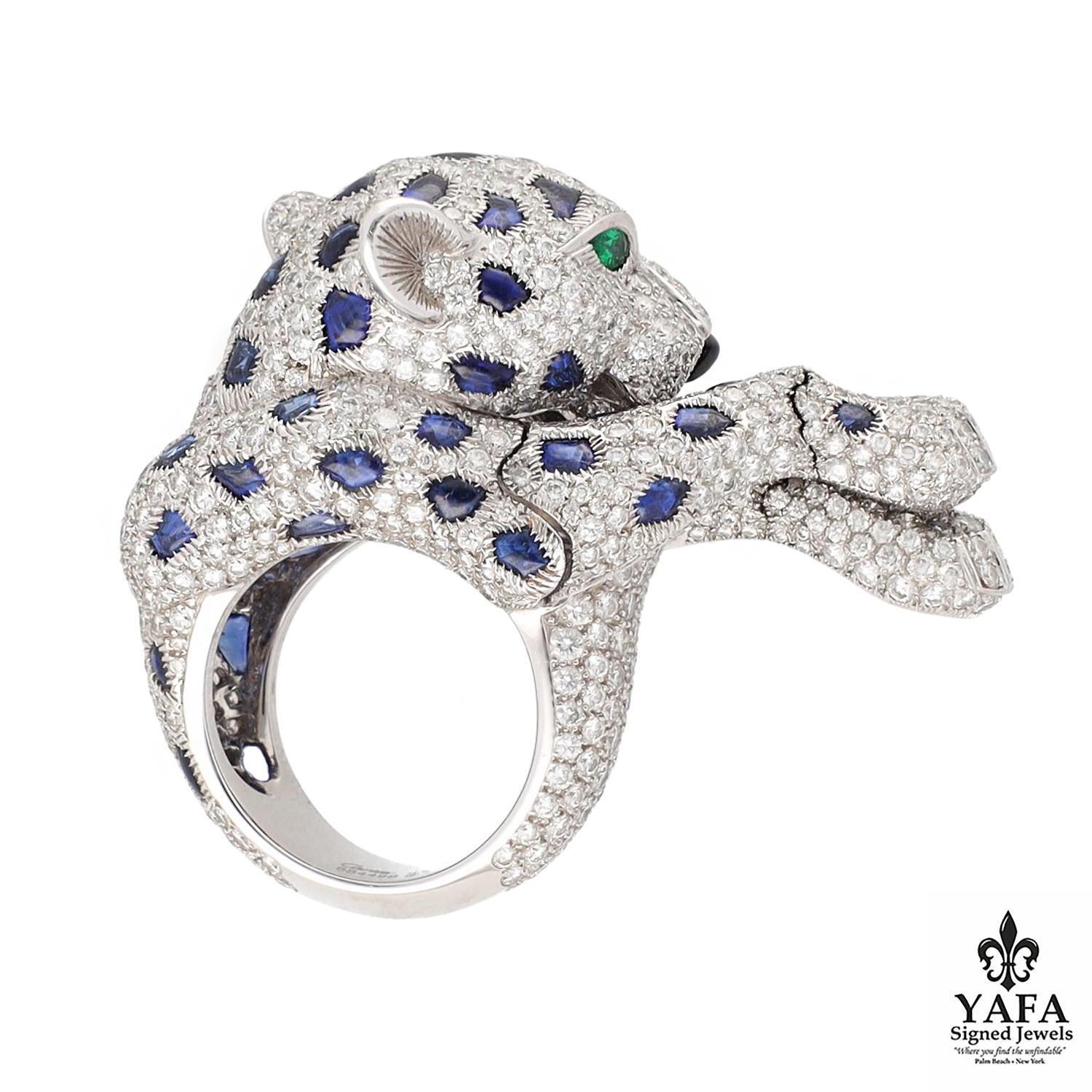 Round Cut Cartier Diamond and Sapphire Articulated Panther Ring For Sale