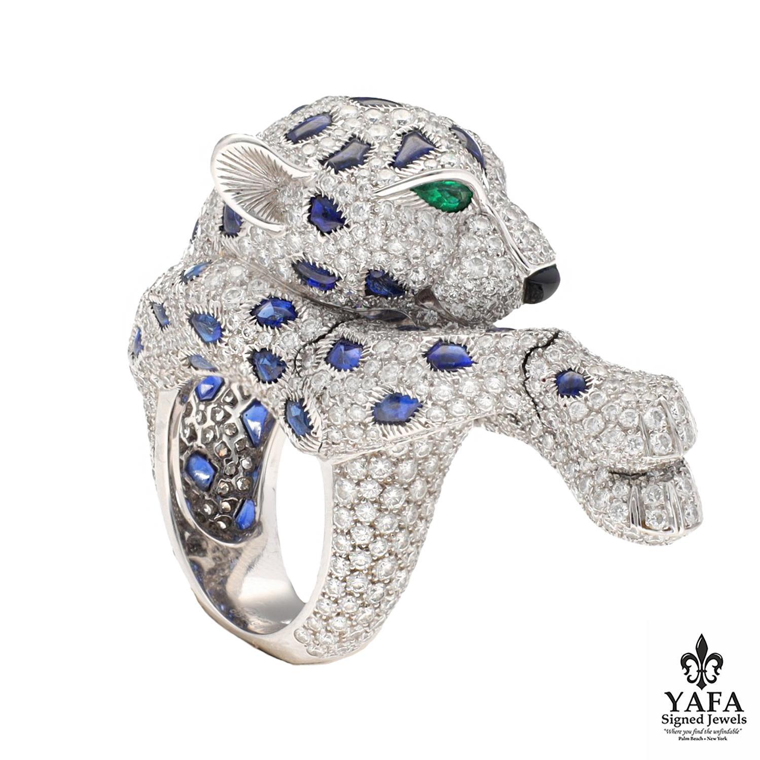 Cartier Diamond and Sapphire Articulated Panther Ring In Excellent Condition For Sale In New York, NY