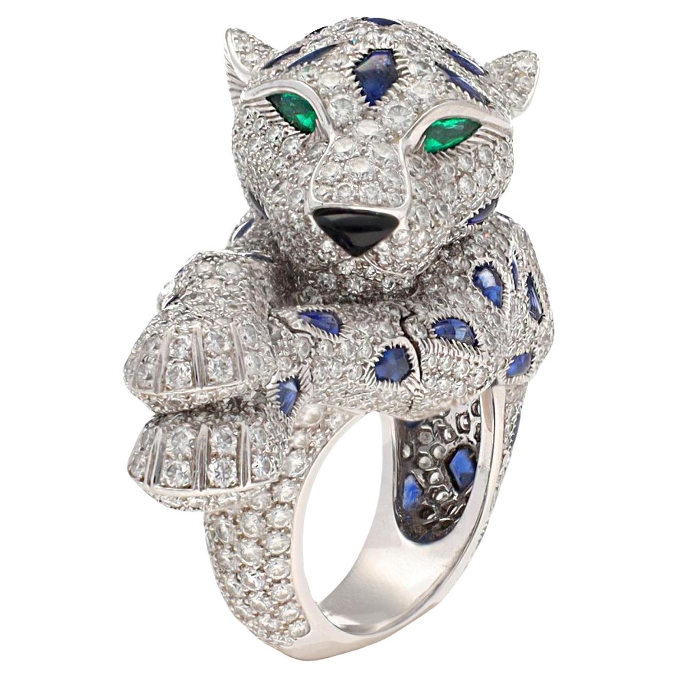 Cartier Diamond and Sapphire Articulated Panther Ring For Sale