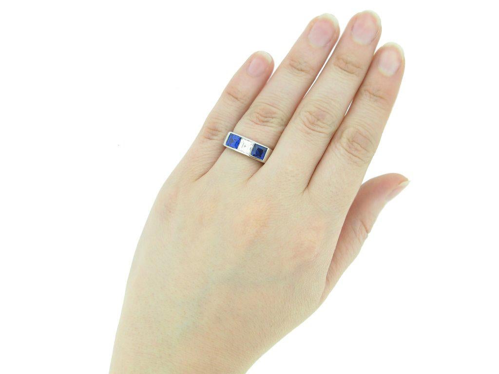 Women's or Men's Cartier Diamond and Sapphire Three Stone Ring, French, circa 1950 For Sale
